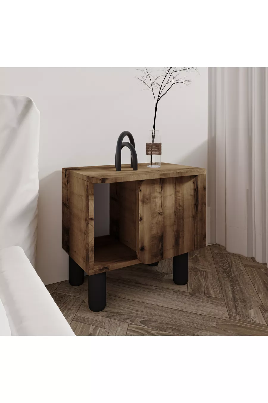 River Komodin – Table de chevet élégante et fonctionnelle en noyer antique
