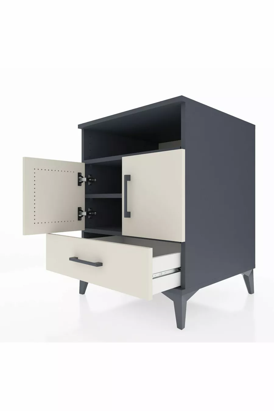 Table de chevet Kronos avec 3 étagères, 1 tiroir et 2 portes, Anthracite-Pierre de lune