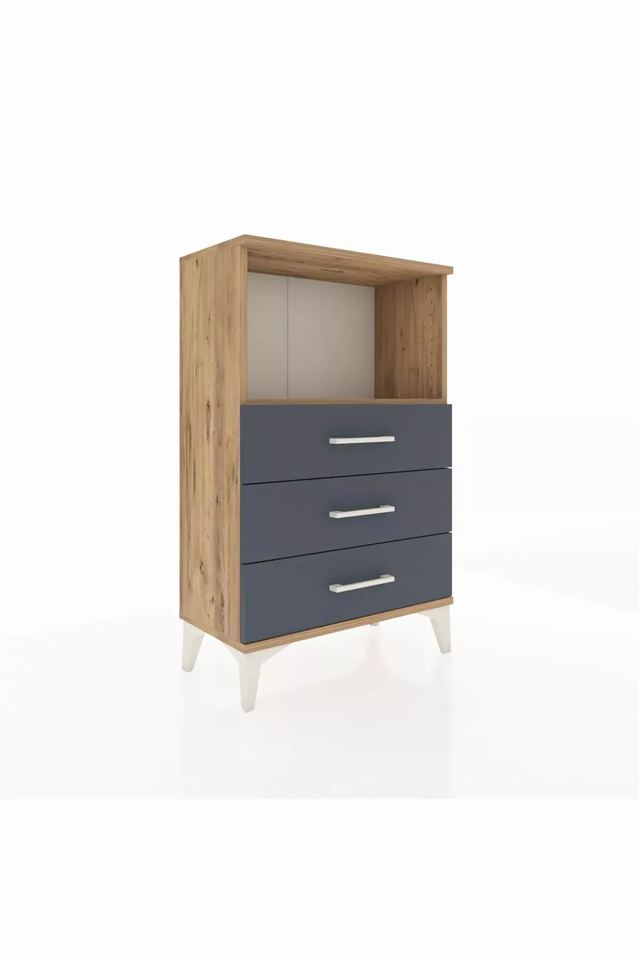 Table de chevet Arges avec une étagère et 3 tiroirs, pin-anthracite