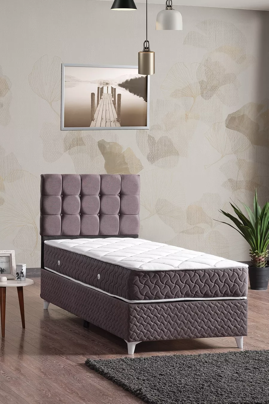 Ensemble tête de lit et sommier simple Bengü Gris *