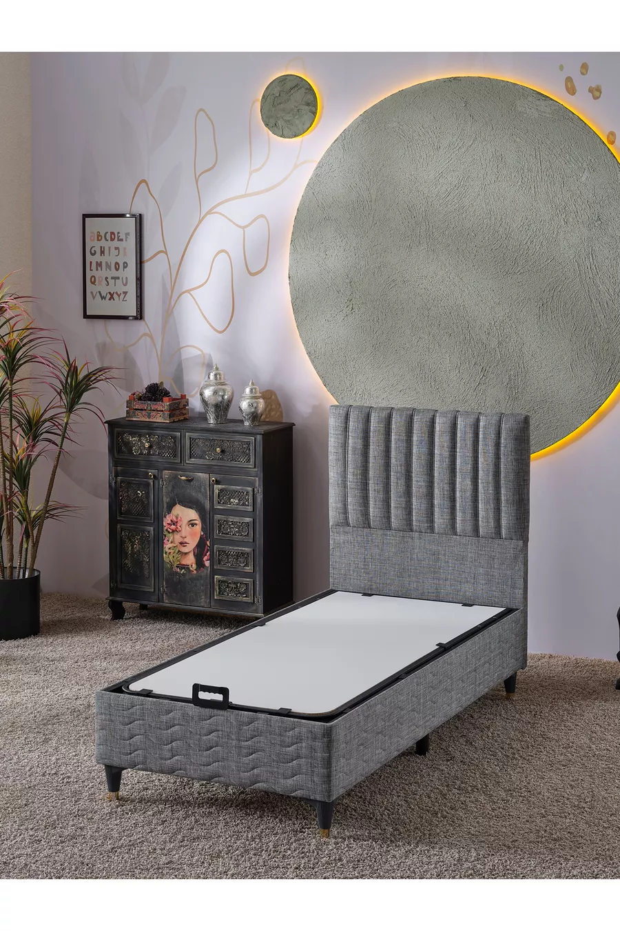 Ezgi Ensemble 3 pièces pour une personne (Sommier + Tête de lit + Matelas) (Lin Gris)