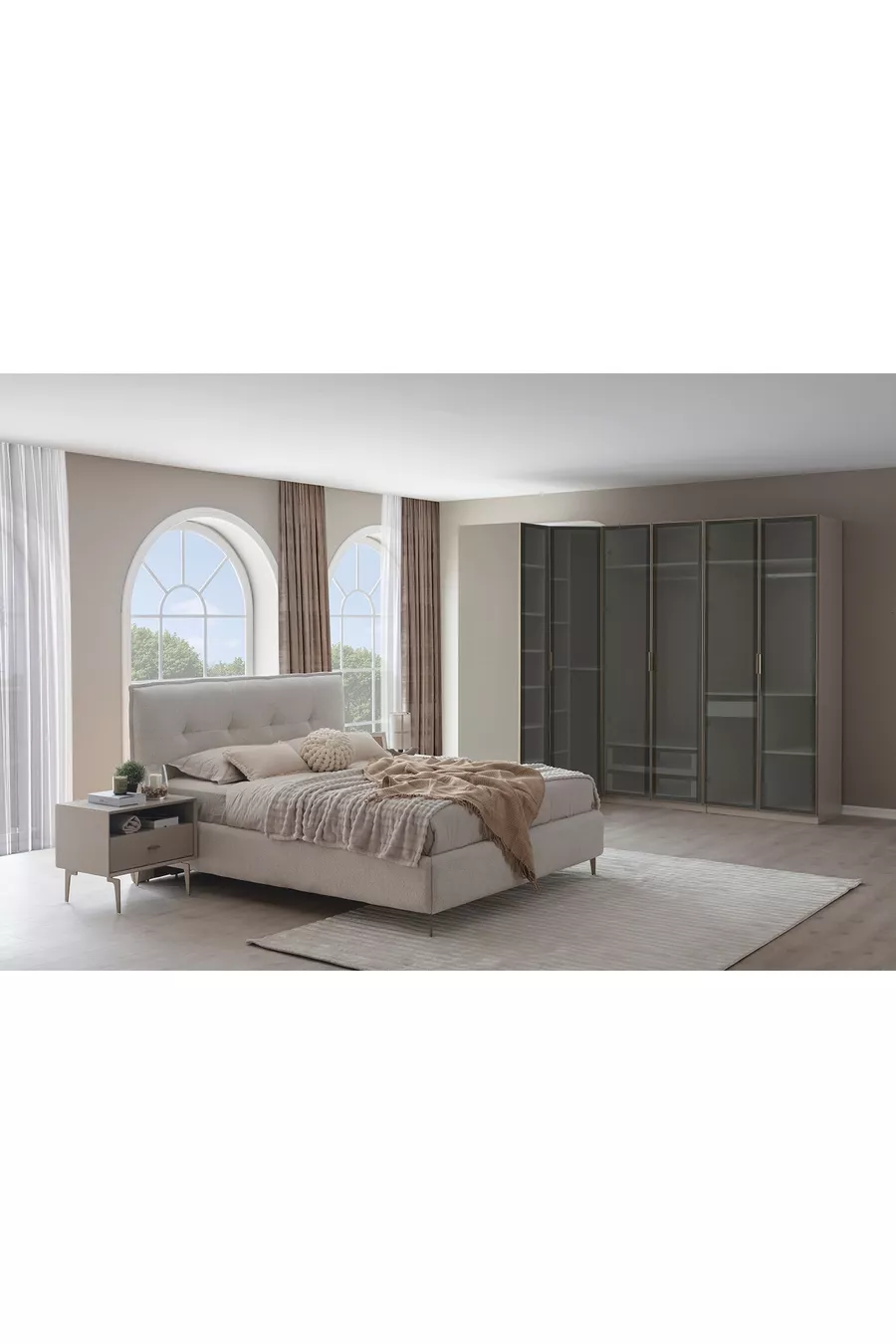 ENSEMBLE DE CHAMBRE PANDOR NOX AVEC VITRINE, MODULE D'ANGLE, CRÈME