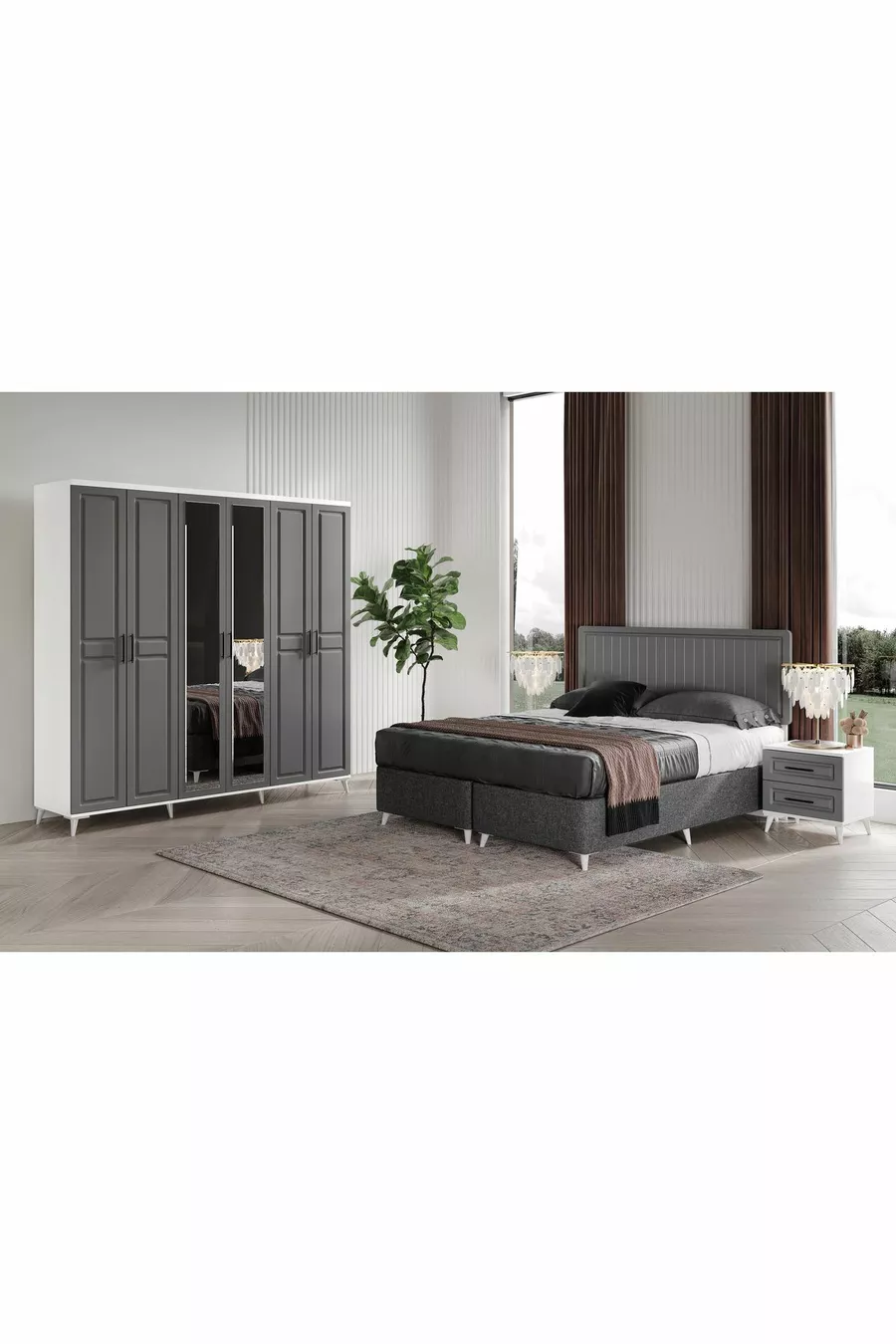 Ensemble de chambre à coucher complet en MDF Sport avec 6 portes, anthracite-blanc, incluant le sommier