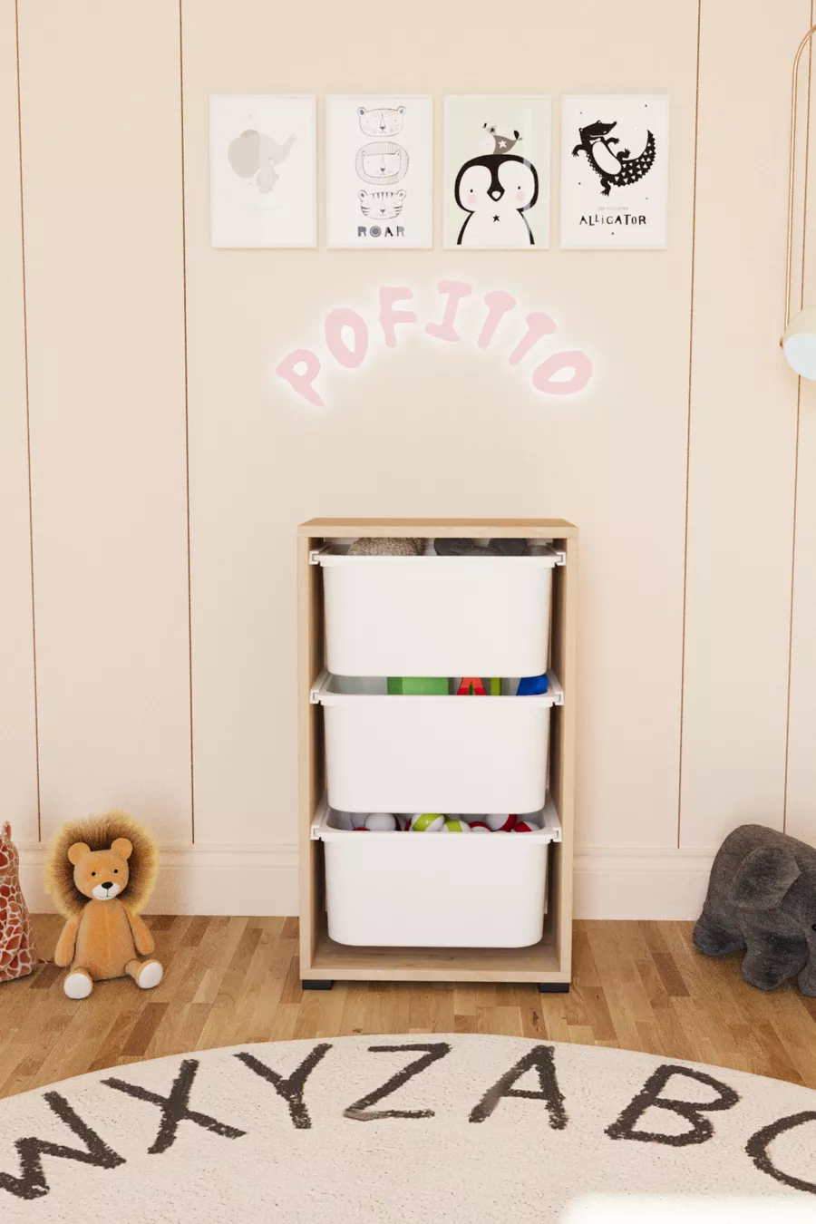 Armoire à jouets à 3 paniers profonds, armoire multifonctions pour cuisine, cellier, salle de bain, chêne saphir