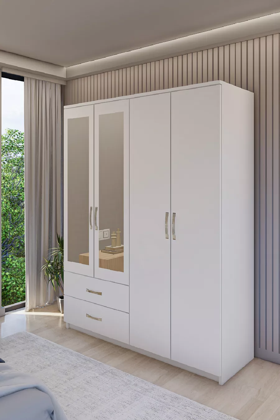 Armoire avec miroir, 4 portes et 2 tiroirs