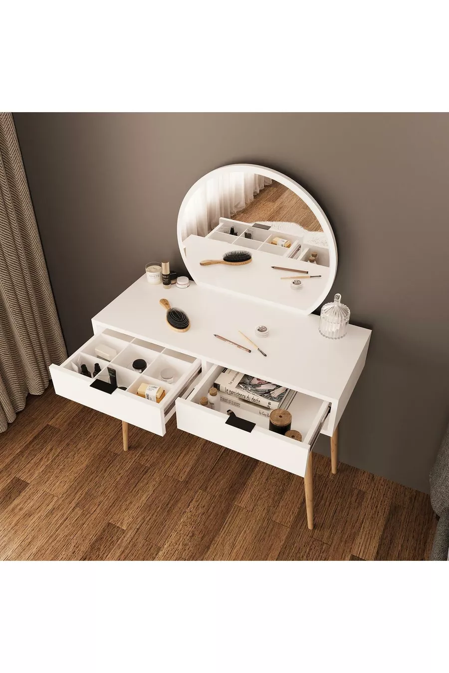 Table de maquillage Lucy – Blanc | Avec miroir, organisateur de bijoux, design élégant