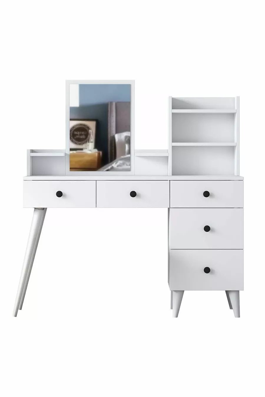Coiffeuse avec miroir et 5 tiroirs, étagère pour bijoux, blanche
