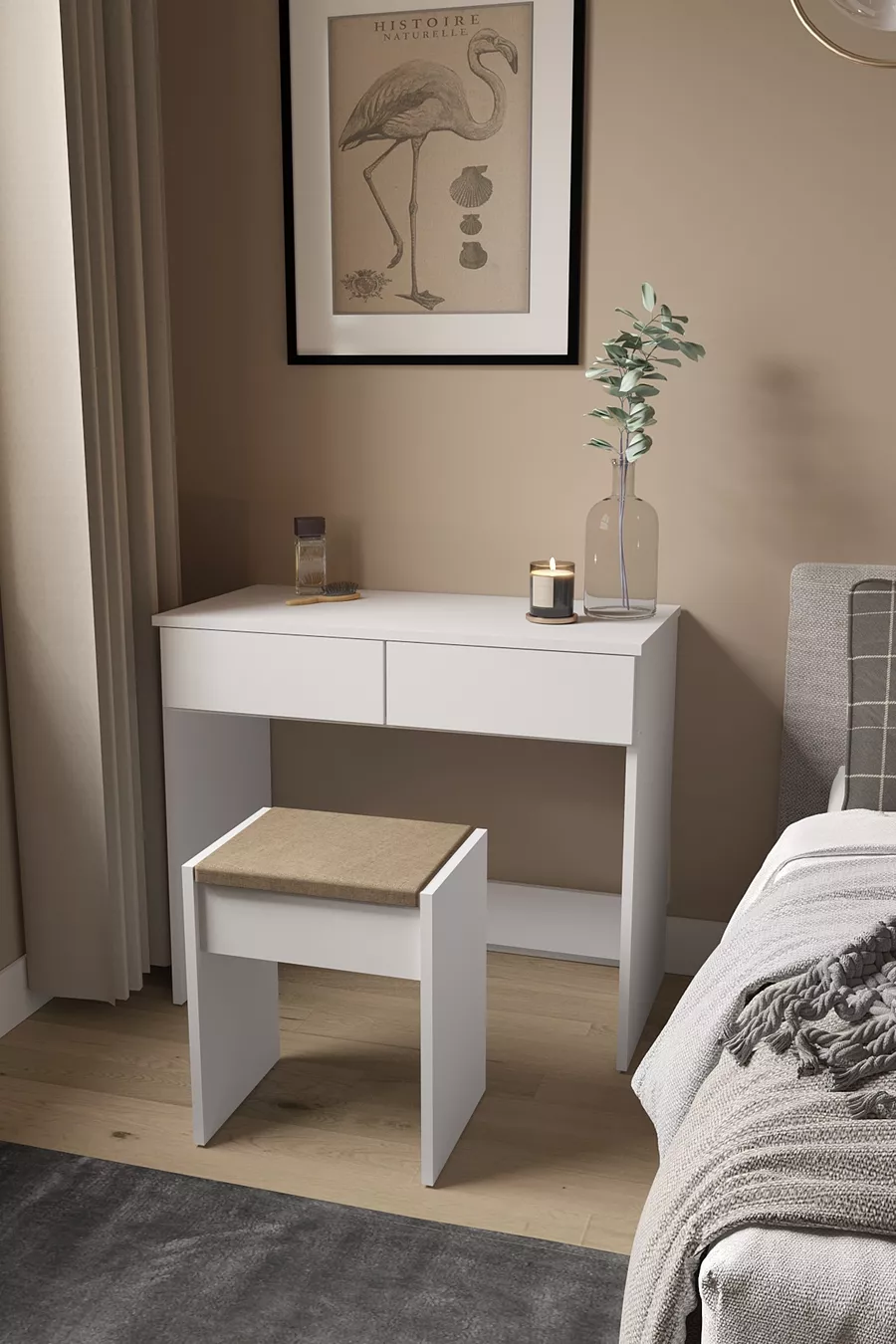 B İki Geniş Çekmeceli Oturaklı Yatak Odası Modern Puflu Makyaj Masası Organizer