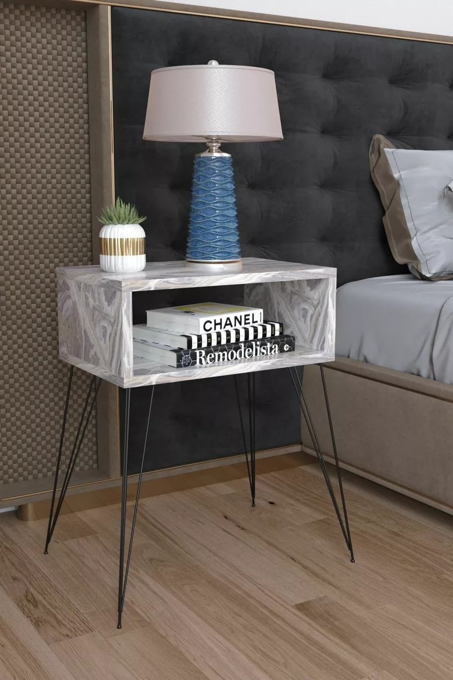 Table de chevet Elite en métal avec pieds - Marbre blanc