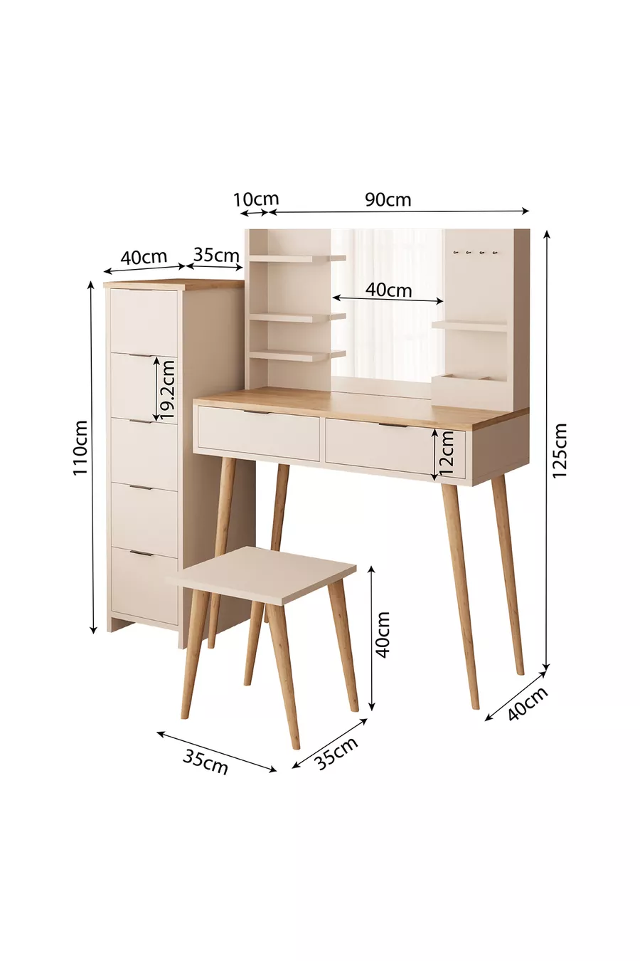 Ensemble de coiffeuse Bella avec tabouret et armoire à 2 tiroirs, couleur sable-panier | Avec miroir et crochets