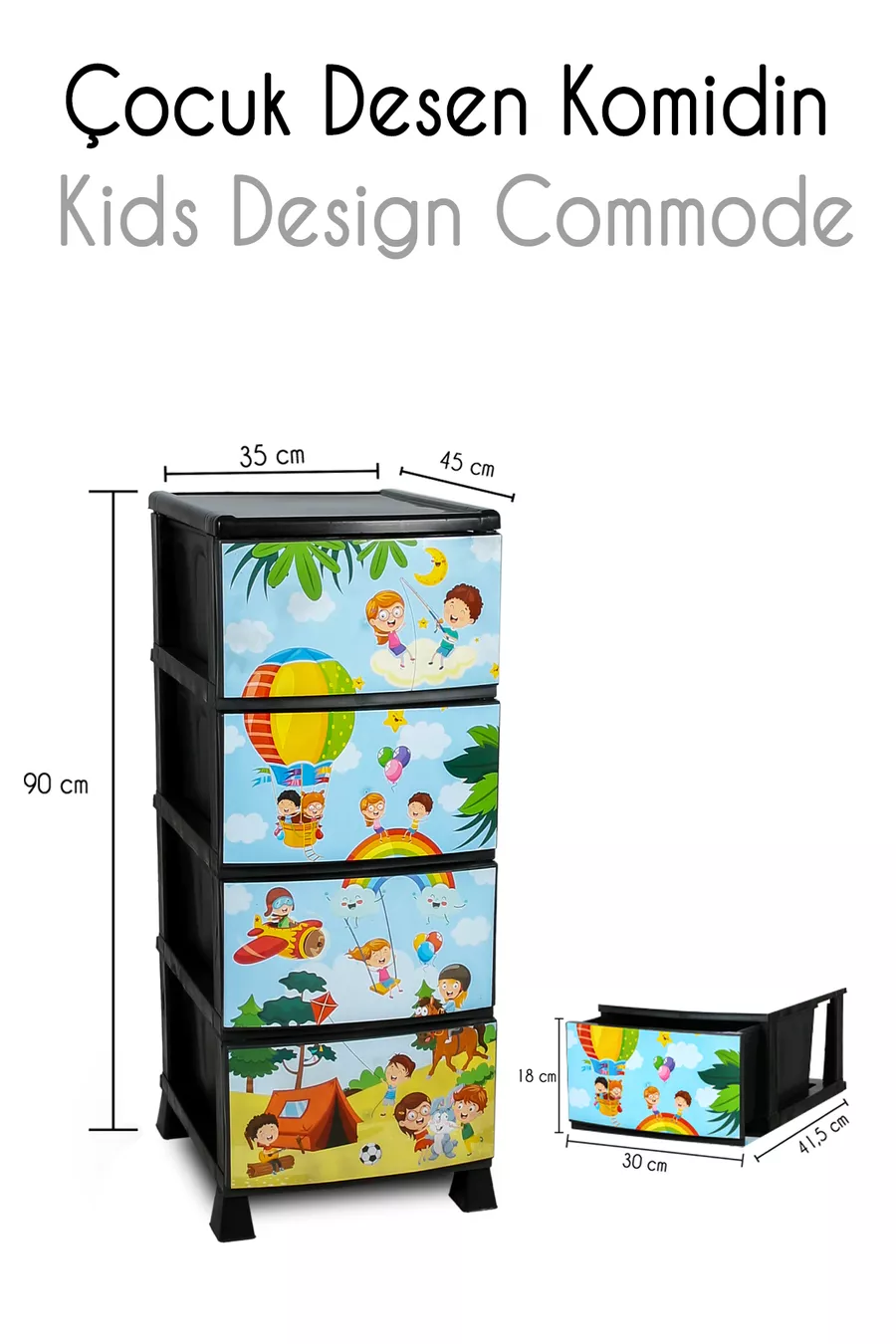 4-Tier Drawer Plastic Nightstand with Children’s Pattern Print Cover - Toy Storage - Toy Basket