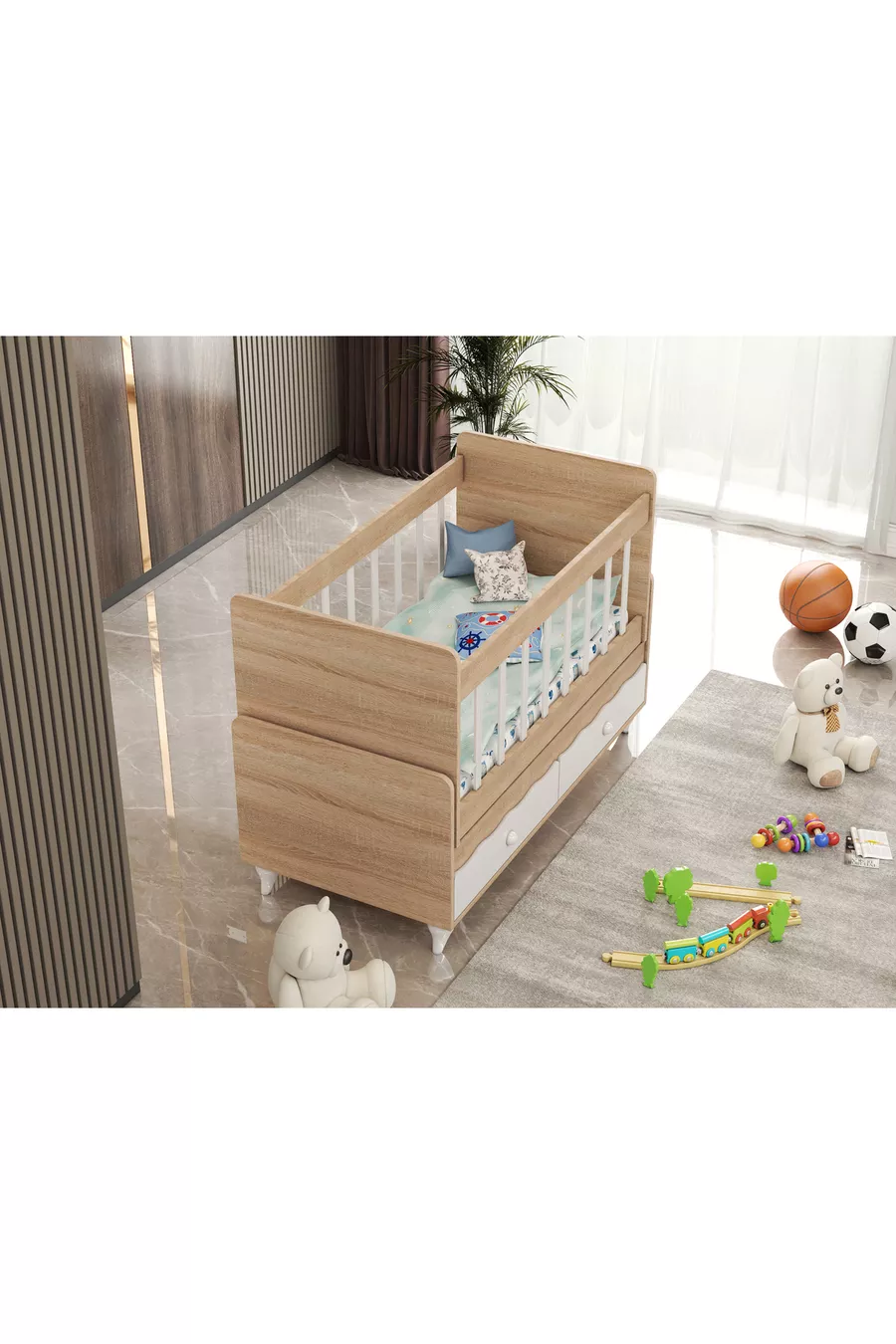 Berceau rétro en bois coloré avec tiroir et lit offert