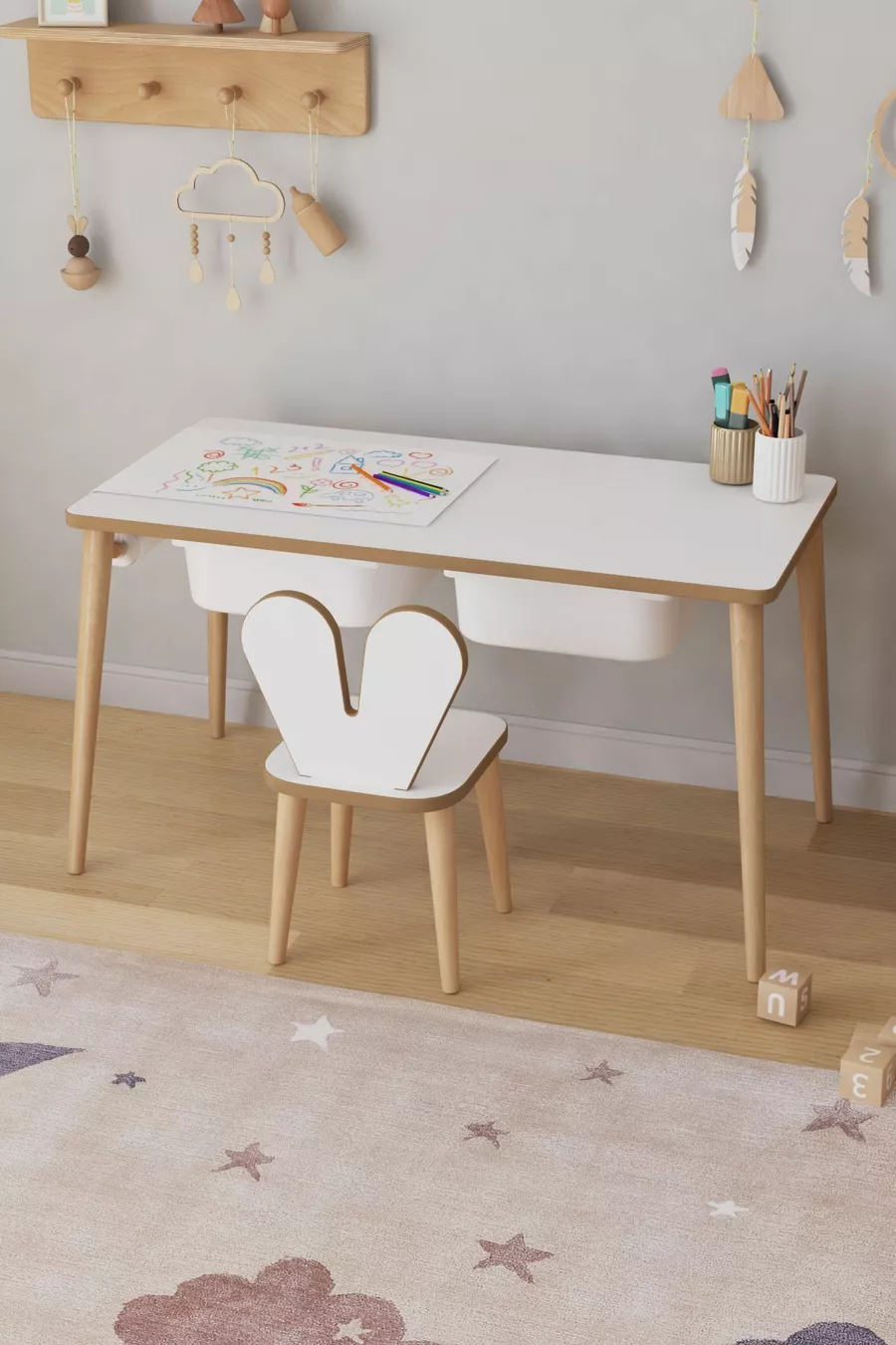 Table d'activité avec rouleau de papier à dessin, ensemble table et chaises lapin pour enfants