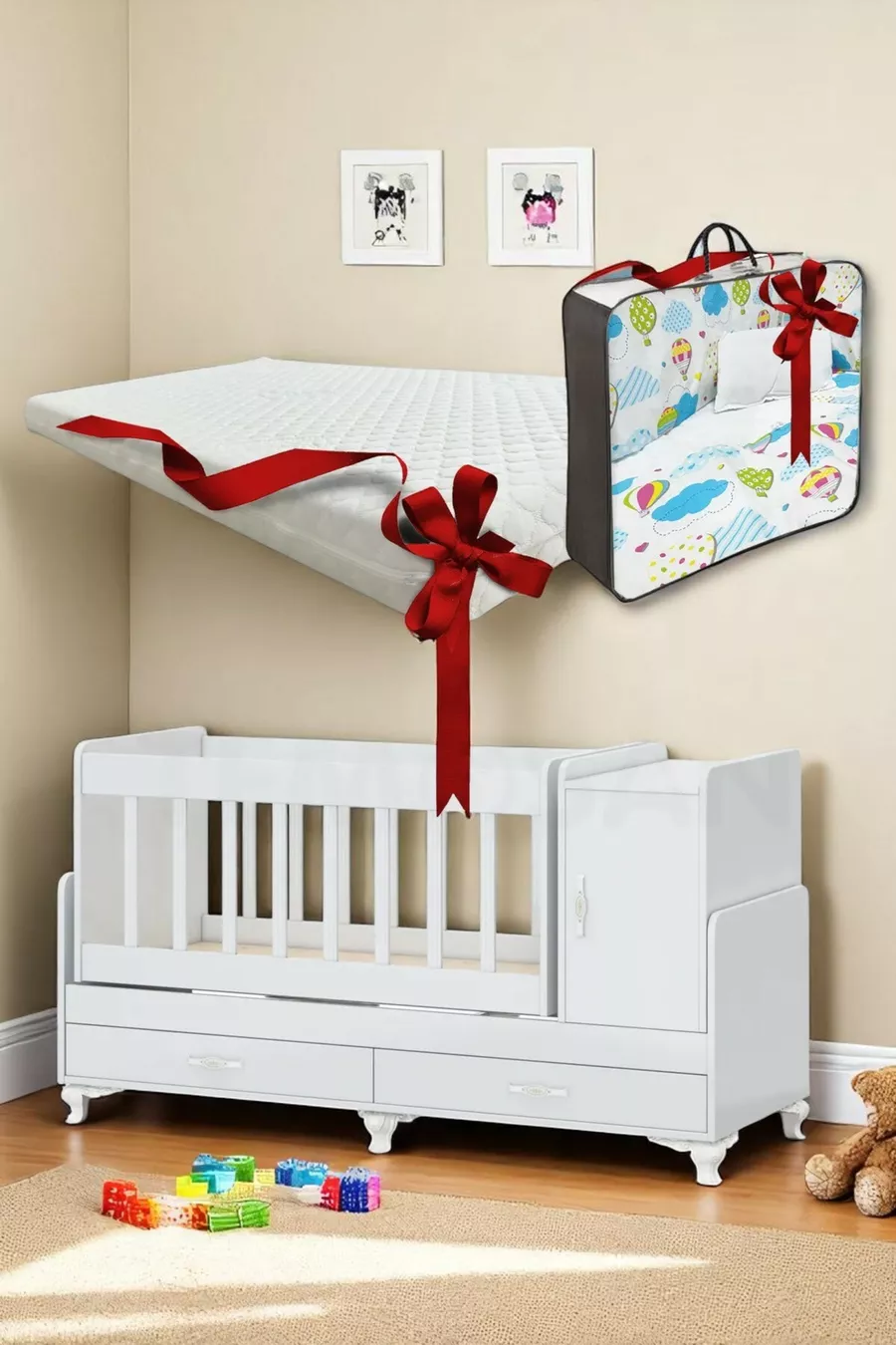 Berceau pour bébé à bascule pour côté de lit, avec tiroir et couvercle, bleu avec ensemble de literie