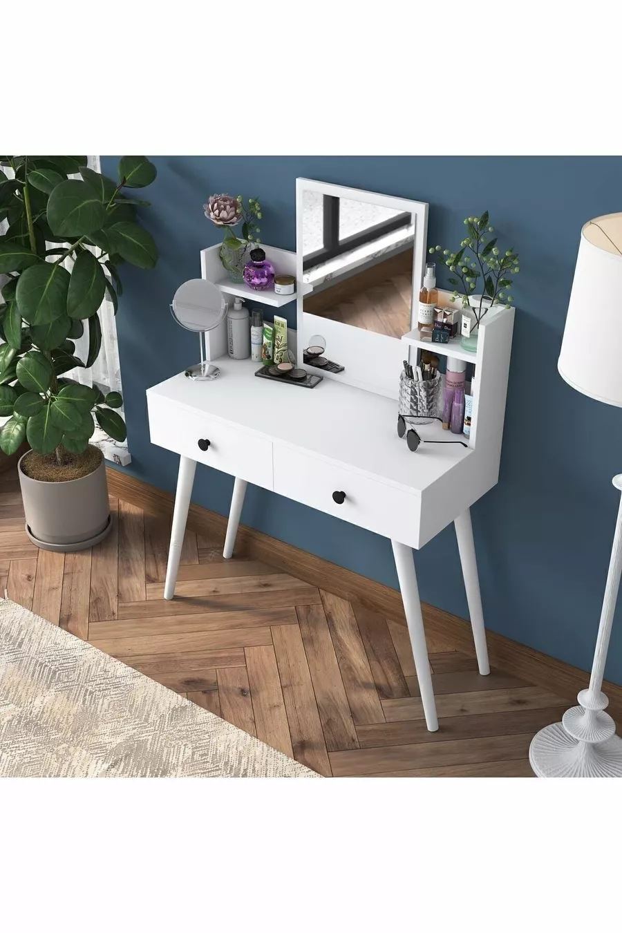 Rani Coiffeuse avec 2 tiroirs, étagères et miroir, organiseur de bijoux, blanc