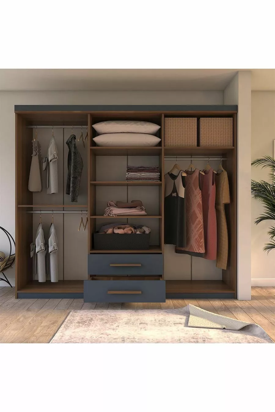  Armina Luxe Armoire 6 Portes 2 Tiroirs avec Miroir Noyer-Gris Anthracite