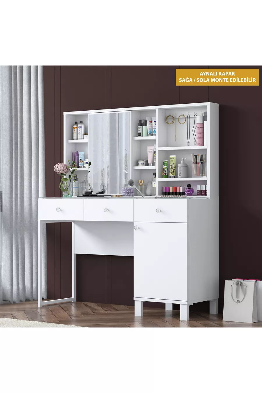 Rani Schminktisch mit Spiegeltür und Schublade, Schmuck-Organizer mit Haken, Weiß
