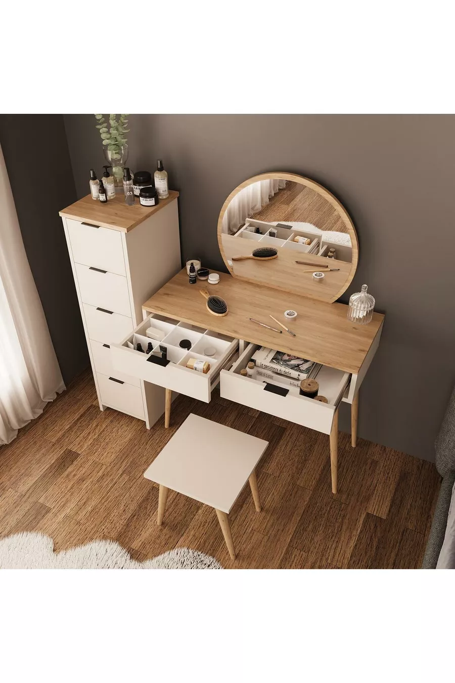 Ensemble de coiffeuse Lucy – Panier en grès | Avec tabouret, miroir, multifonction