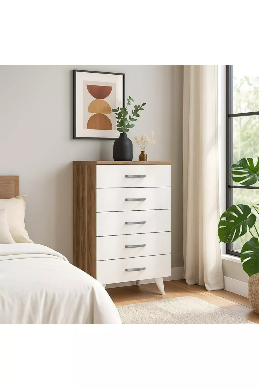 Commode Cemre à 5 tiroirs Blanc-Noyer