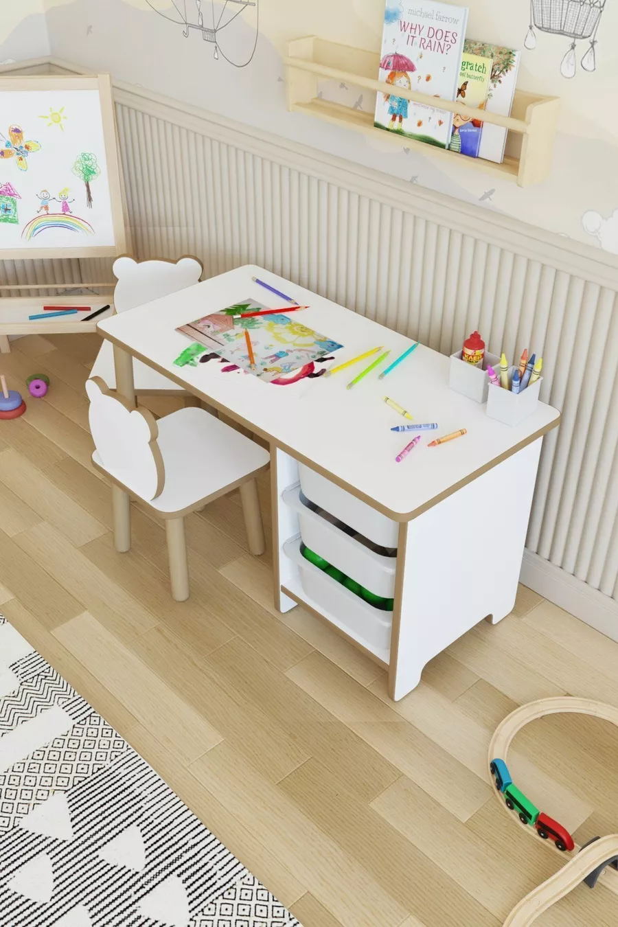 Kids Table and Chair Set-3 Basket Work and Activity Table-Dry-Erase Surface-2 Panda Chairs