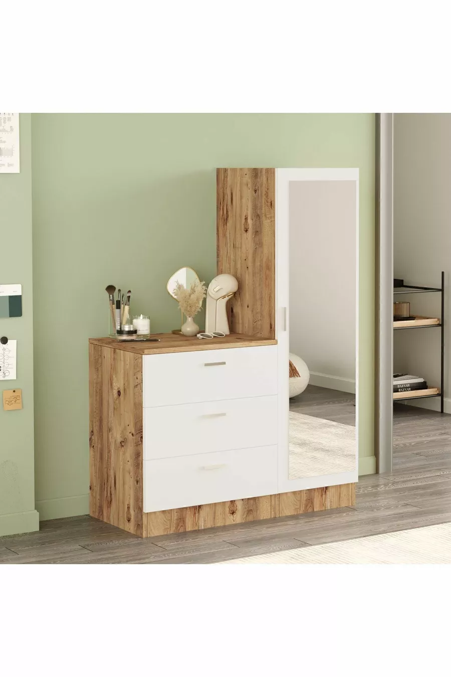 Commode miroir Nancy Armoire Pin-Blanc
