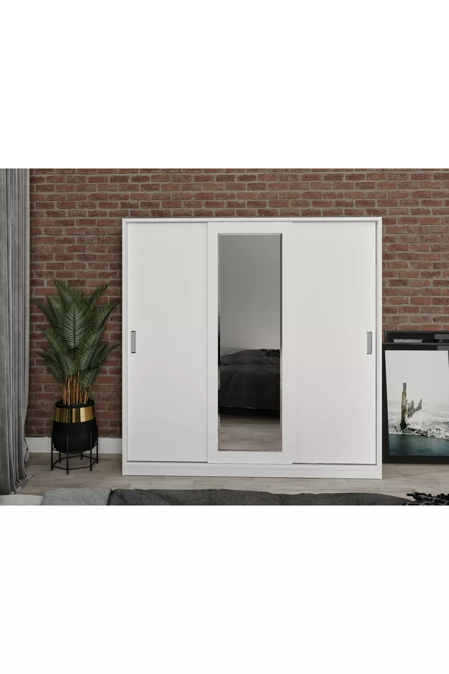 Armadio con specchio scorrevole in MDF Samira, bianco - MDF di prima qualità completa