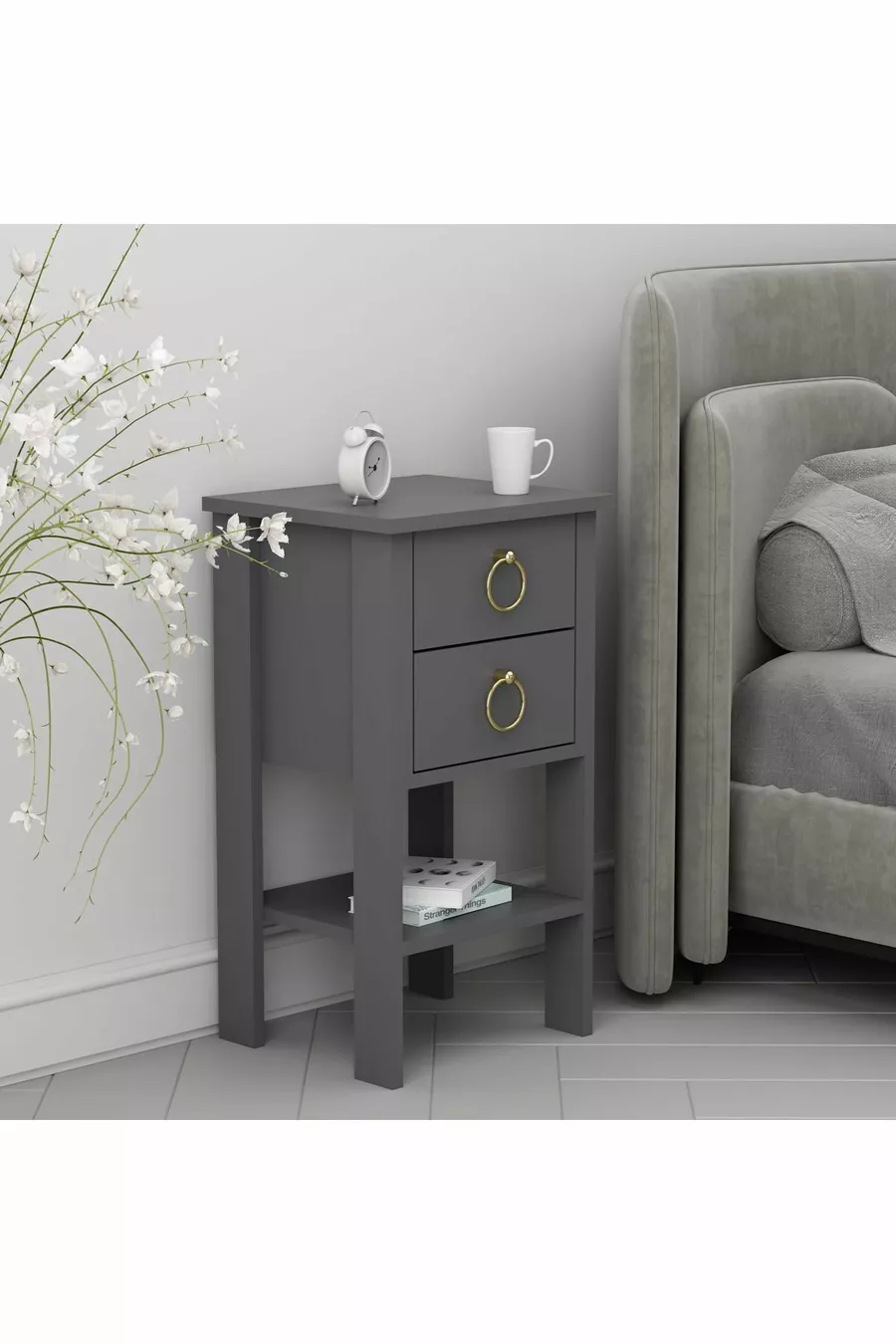 Table de chevet Mandosi Mobilier avec double tiroir, poignées en or anthracite