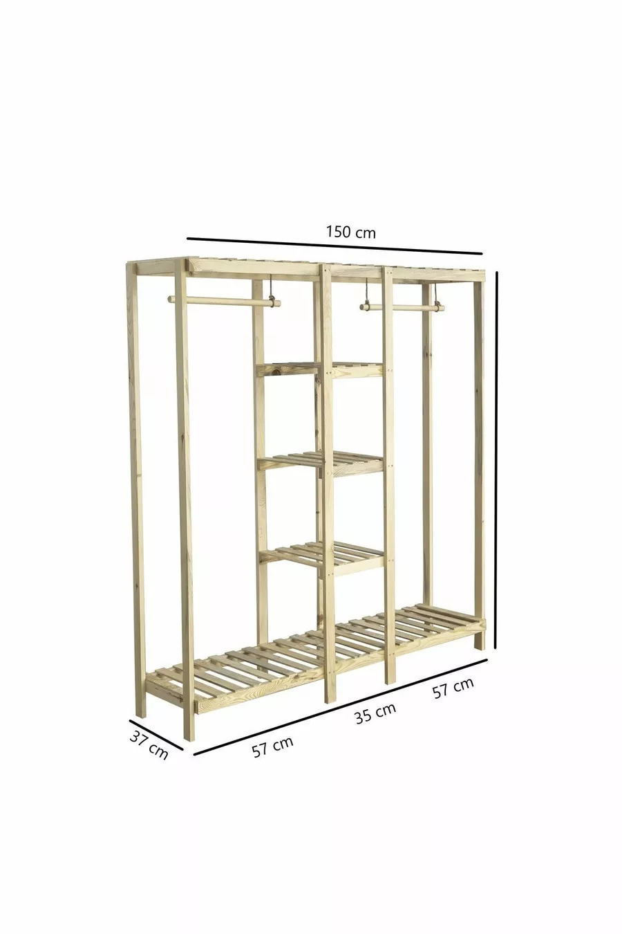 Houten Open Kledingkast met 2 Stangen  cm Multifunctionele Kast, % Massief Dennenhout