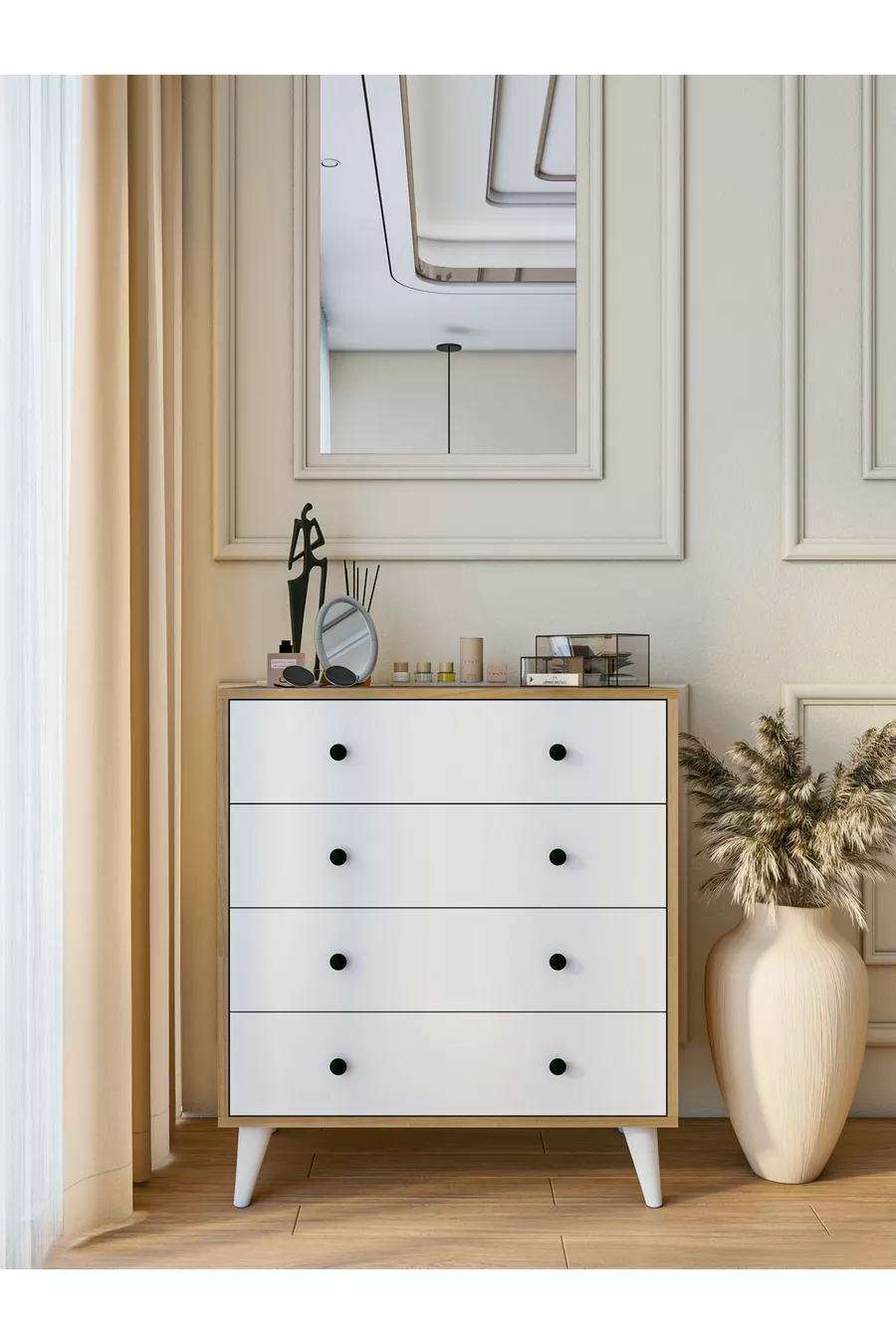 Commode Marbella Blanc brillant - marron 4 tiroirs Commode de style campagnard en bois