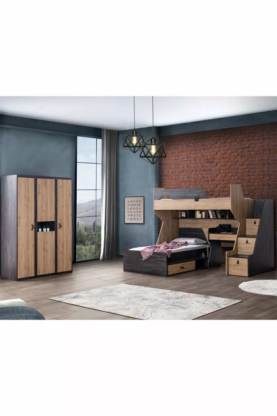 Stapelbed, Doğa Stapelbed Bed, Bureau, 3-Deurs Kast, 2 Comfort Matrassen