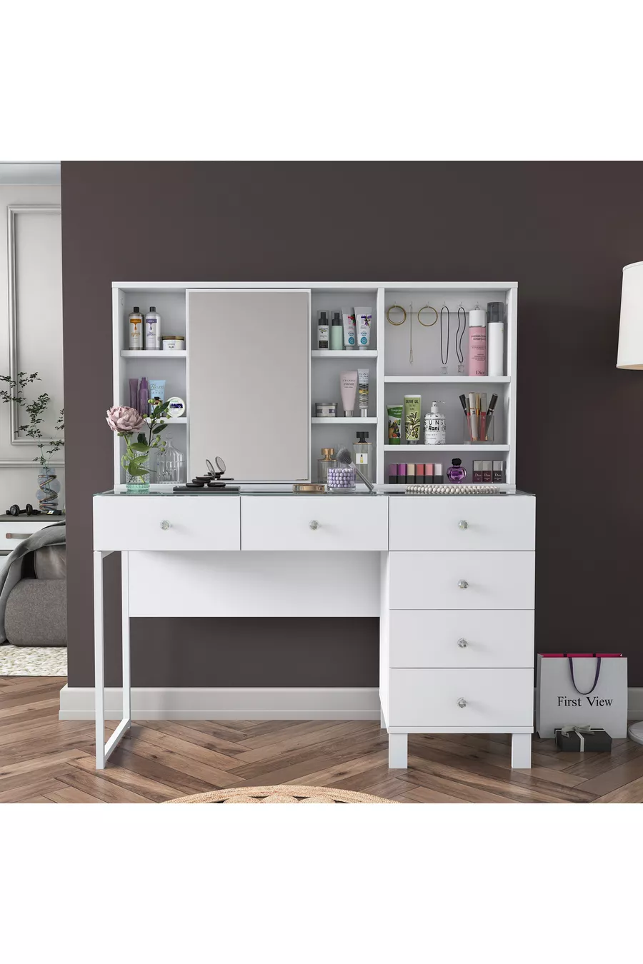 Coiffeuse avec tiroirs Rani à miroir et couvercle, organiseur de bijoux avec crochets, blanc