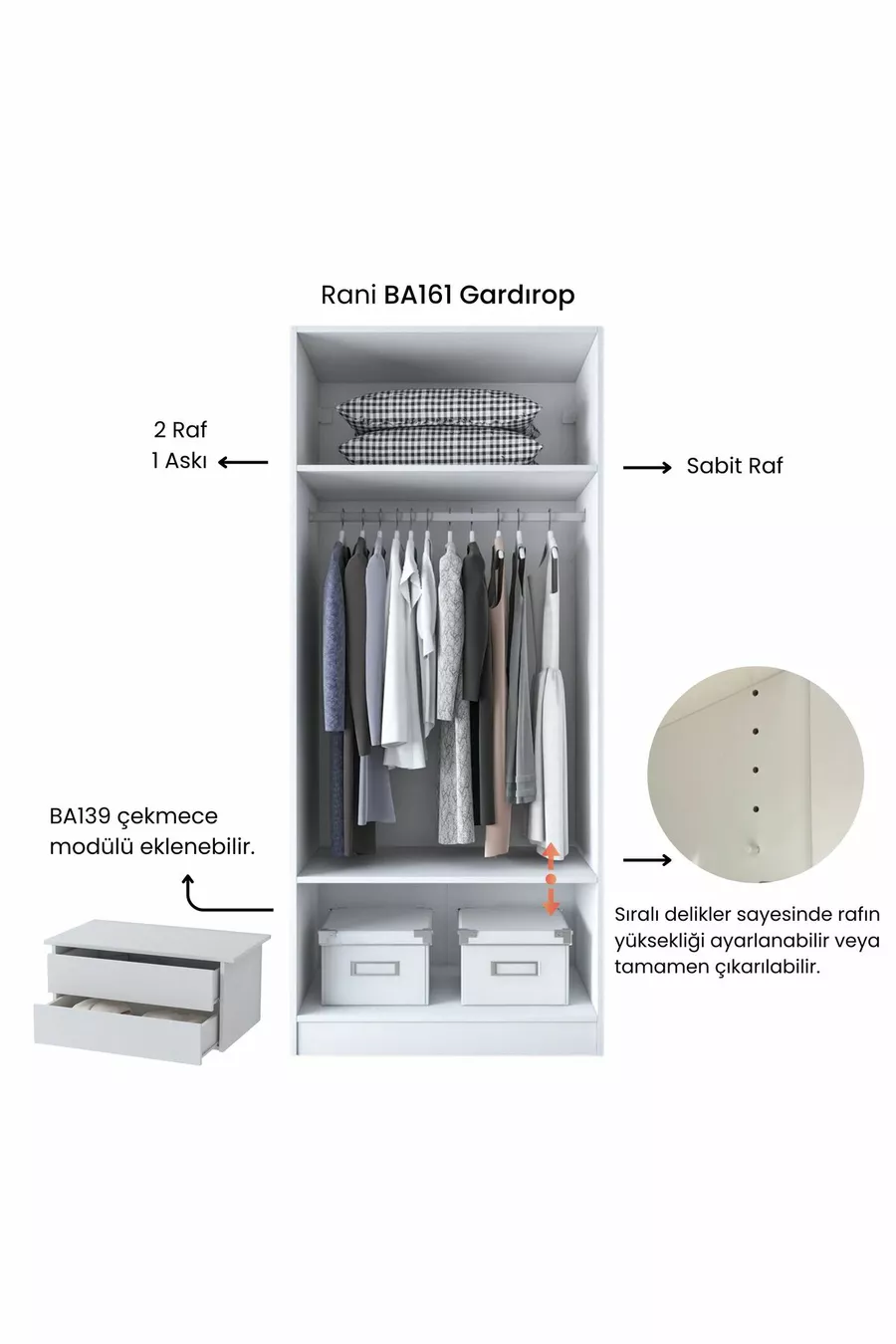 Armoire Rani  à 2 portes et 2 étagères, blanche