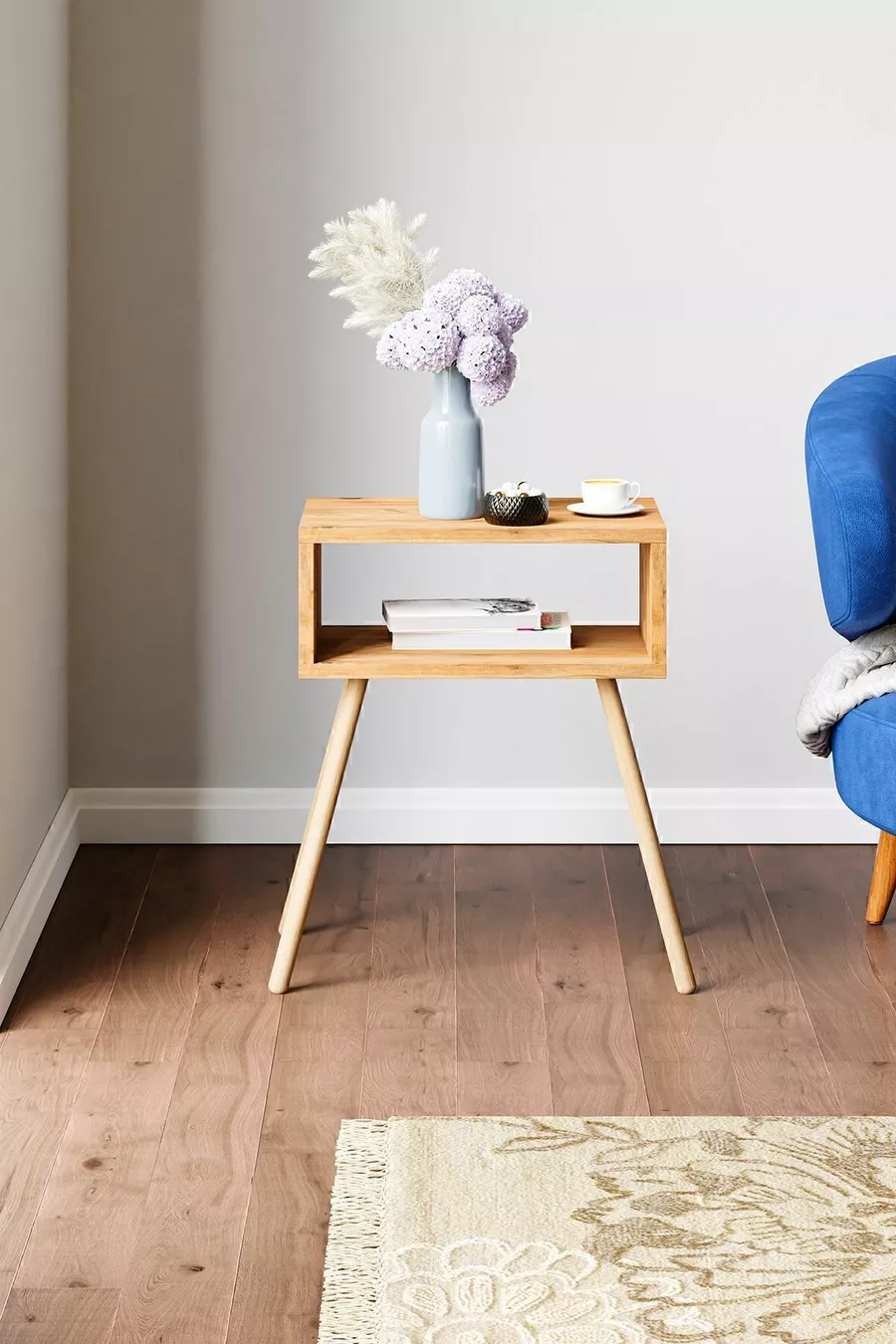 Table de chevet avec étagères sur pieds en bois - Pin Atlantique