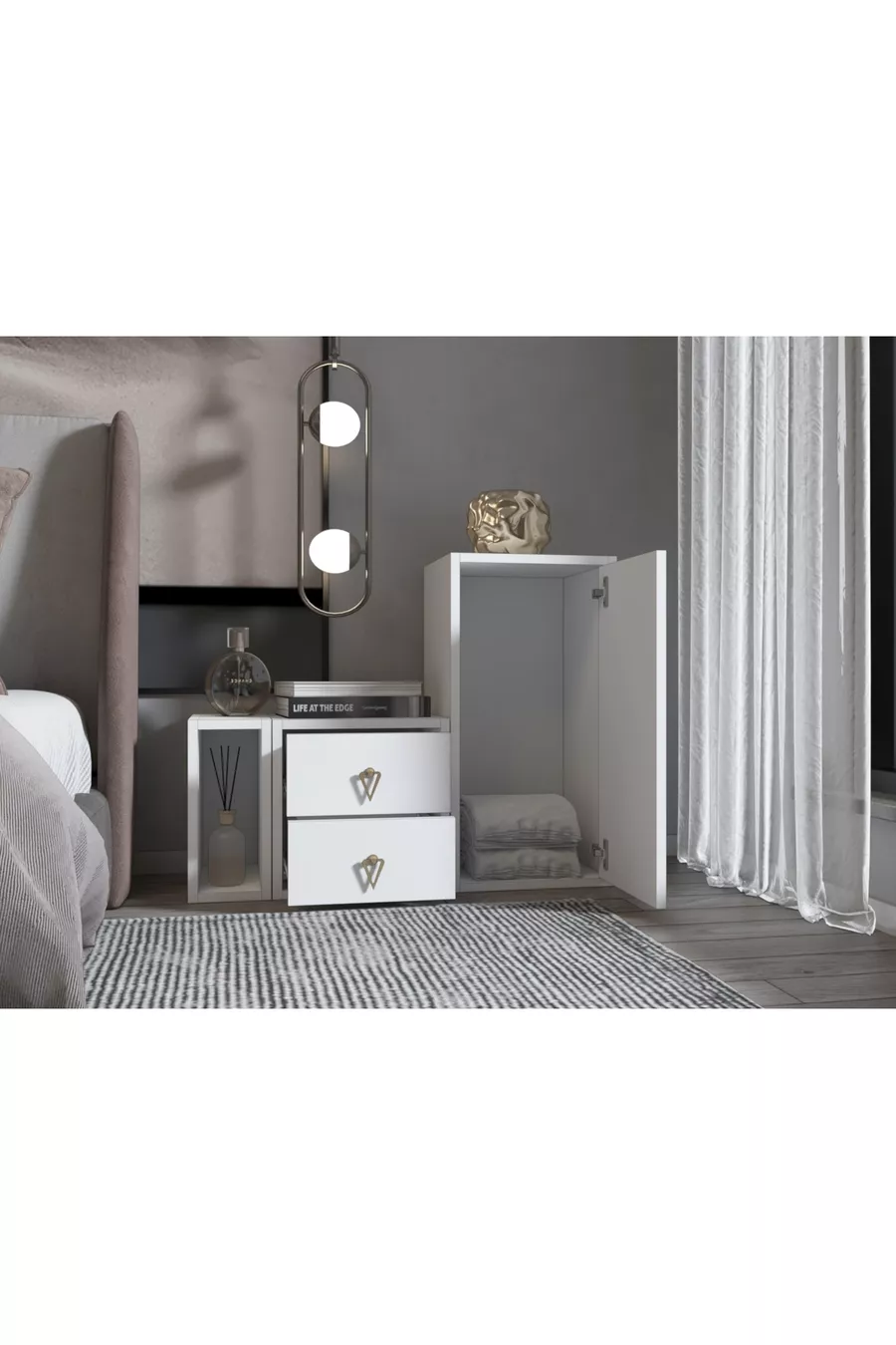 Commode modulaire étroite pour niche avec double tiroir, bloc d'armoire longue à portes, blanche