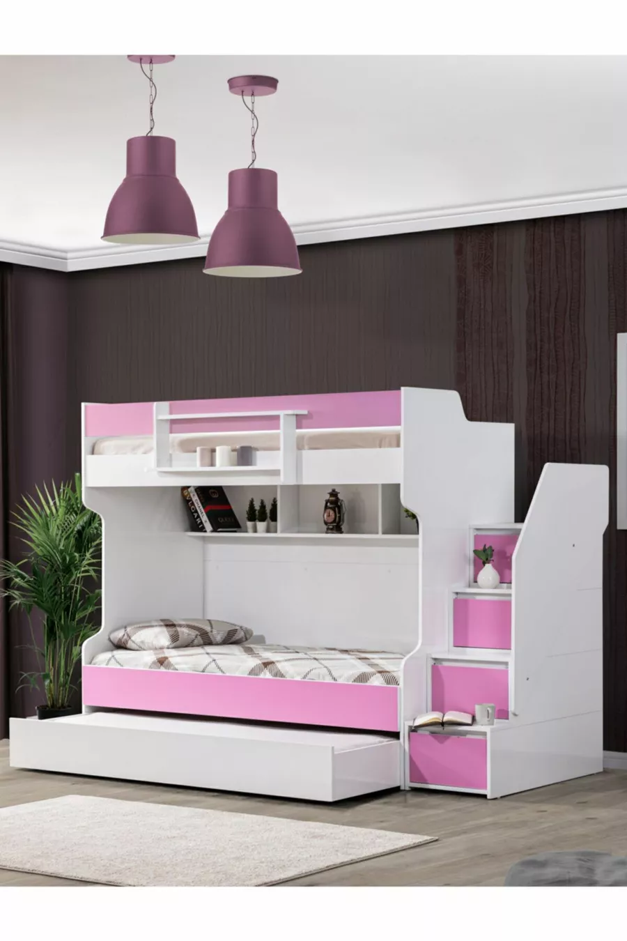 Lits superposés Ranza, courageux avec petit lit - Rose, 3 matelas confort
