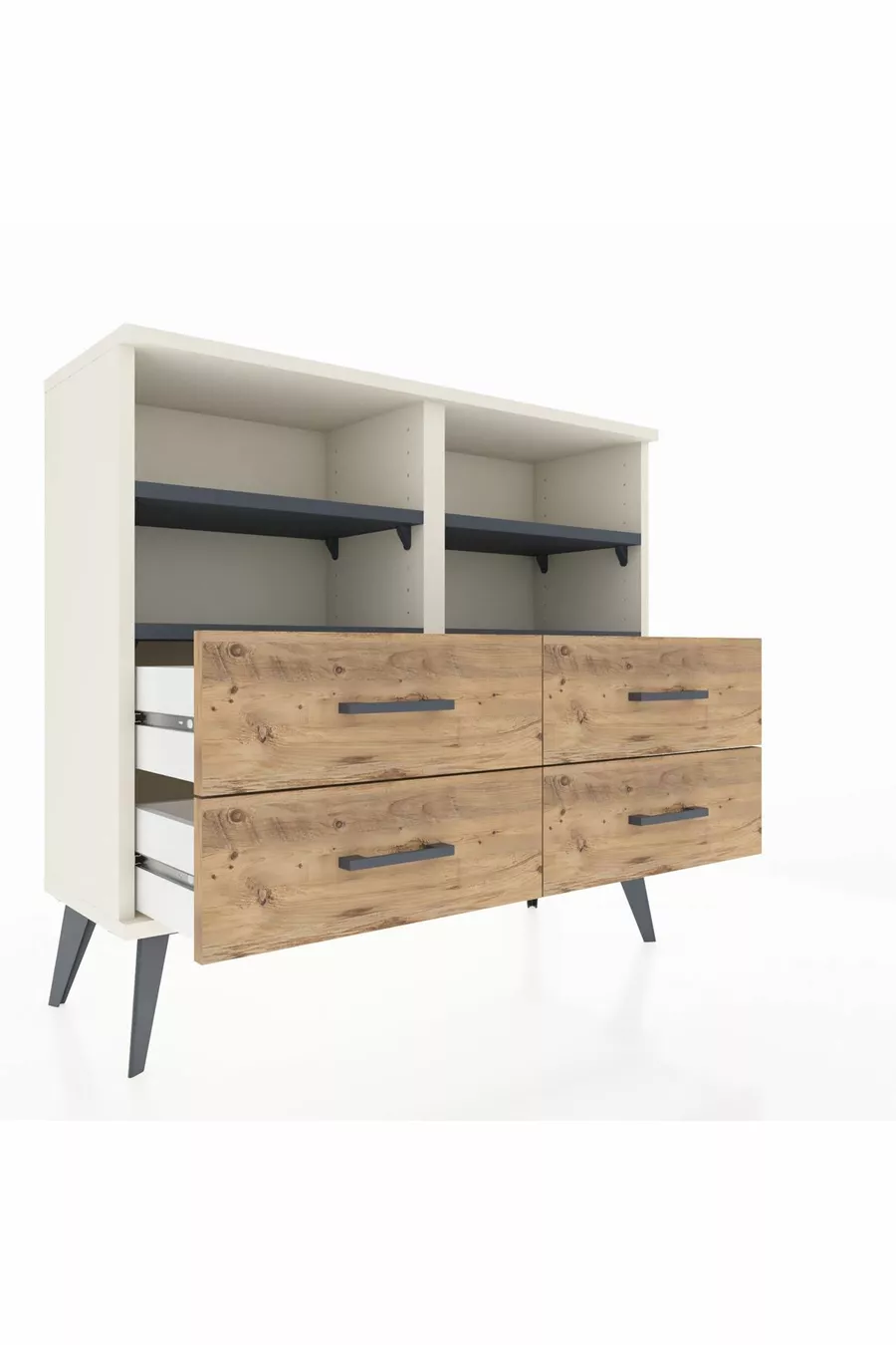 Commode Arges 4 étagères 4 tiroirs Pierre de lune-Anthracite/Sapin