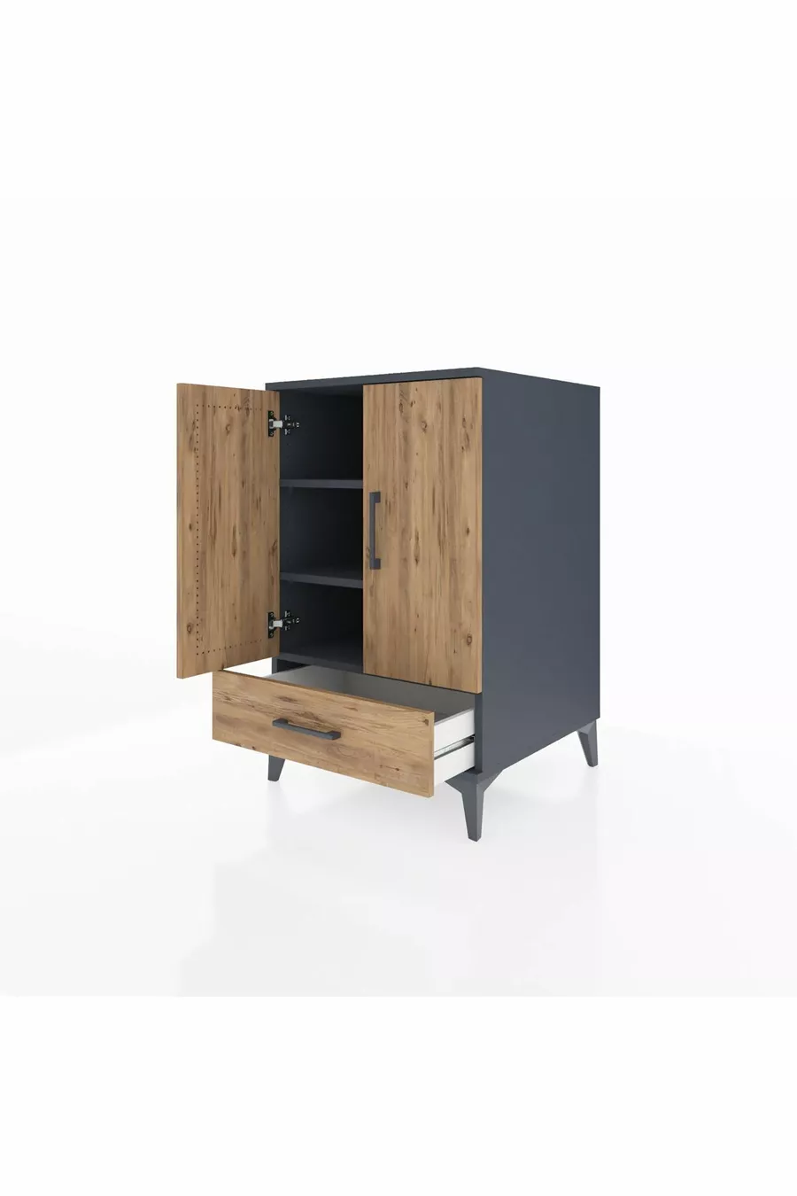 Table de chevet Kronos avec 3 étagères, 1 tiroir et 2 portes, Anthracite-Sapin