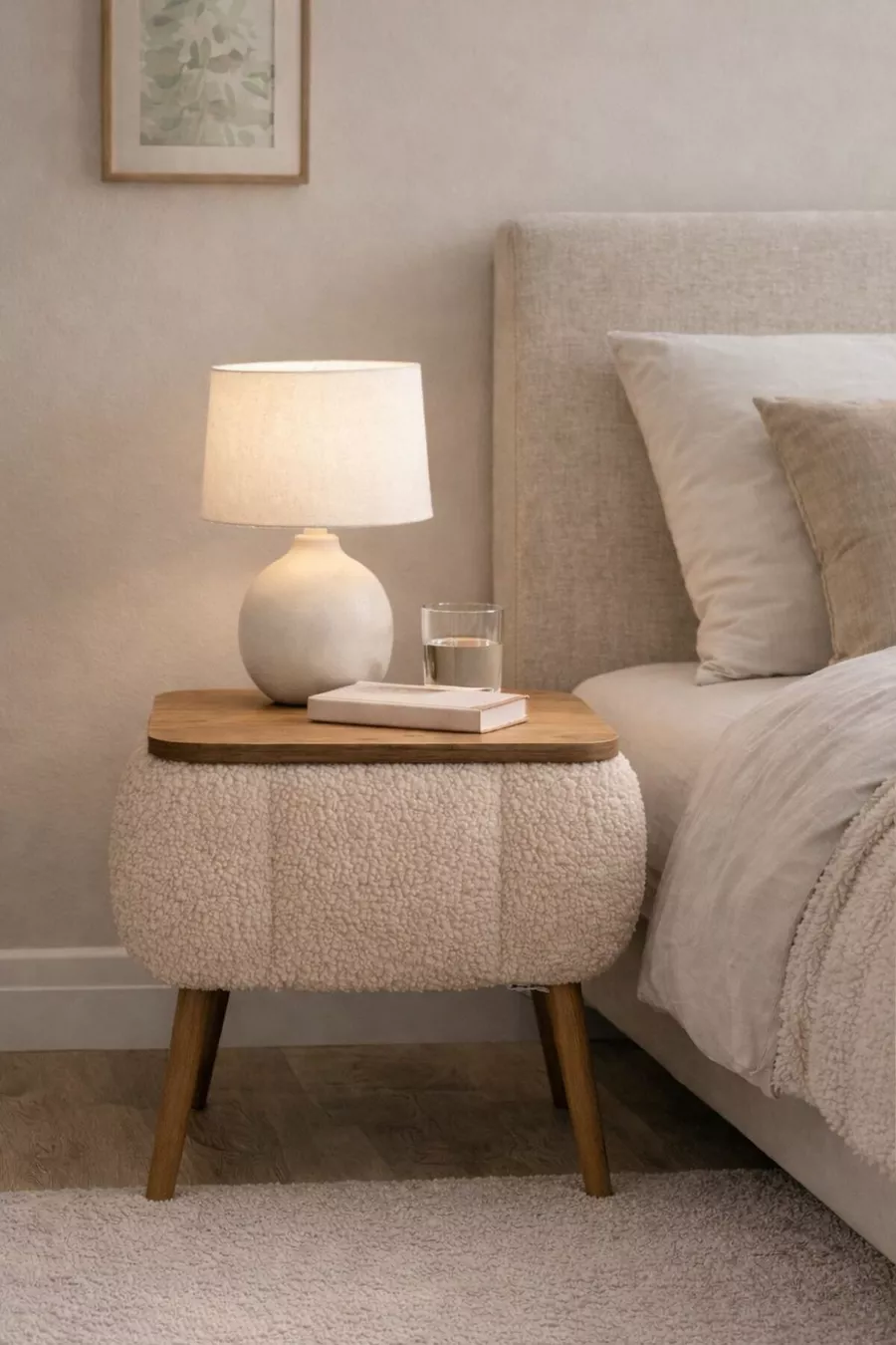 Lina Sandıklı Nightstand, Modern Nightstand with Teddy Fabric Upholstery and Wooden Legs