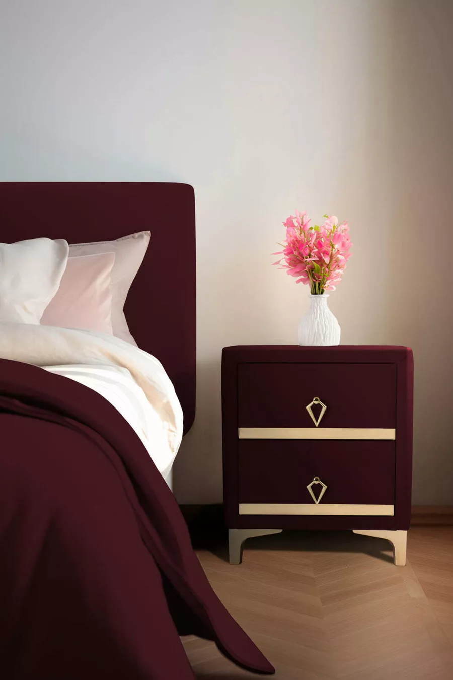 Table de chevet Doppia Linea Gold, à deux tiroirs