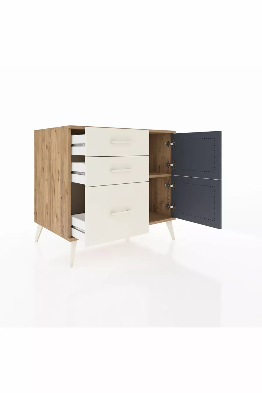 Commode Kronos à une étagère, 3 tiroirs et 2 portes, pin-anthracite/pierre de lune