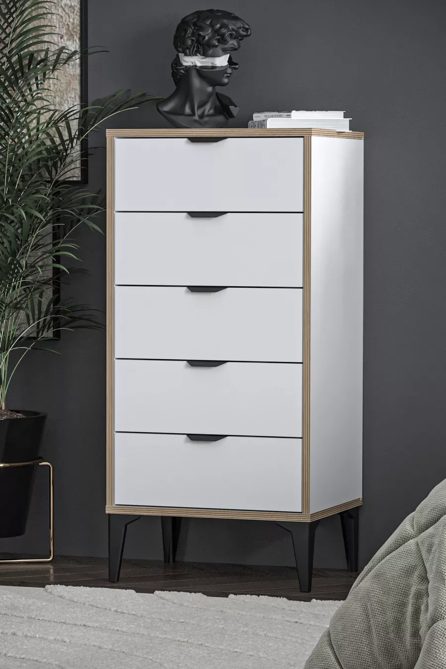 Commode Arden 5 tiroirs, panier à linge