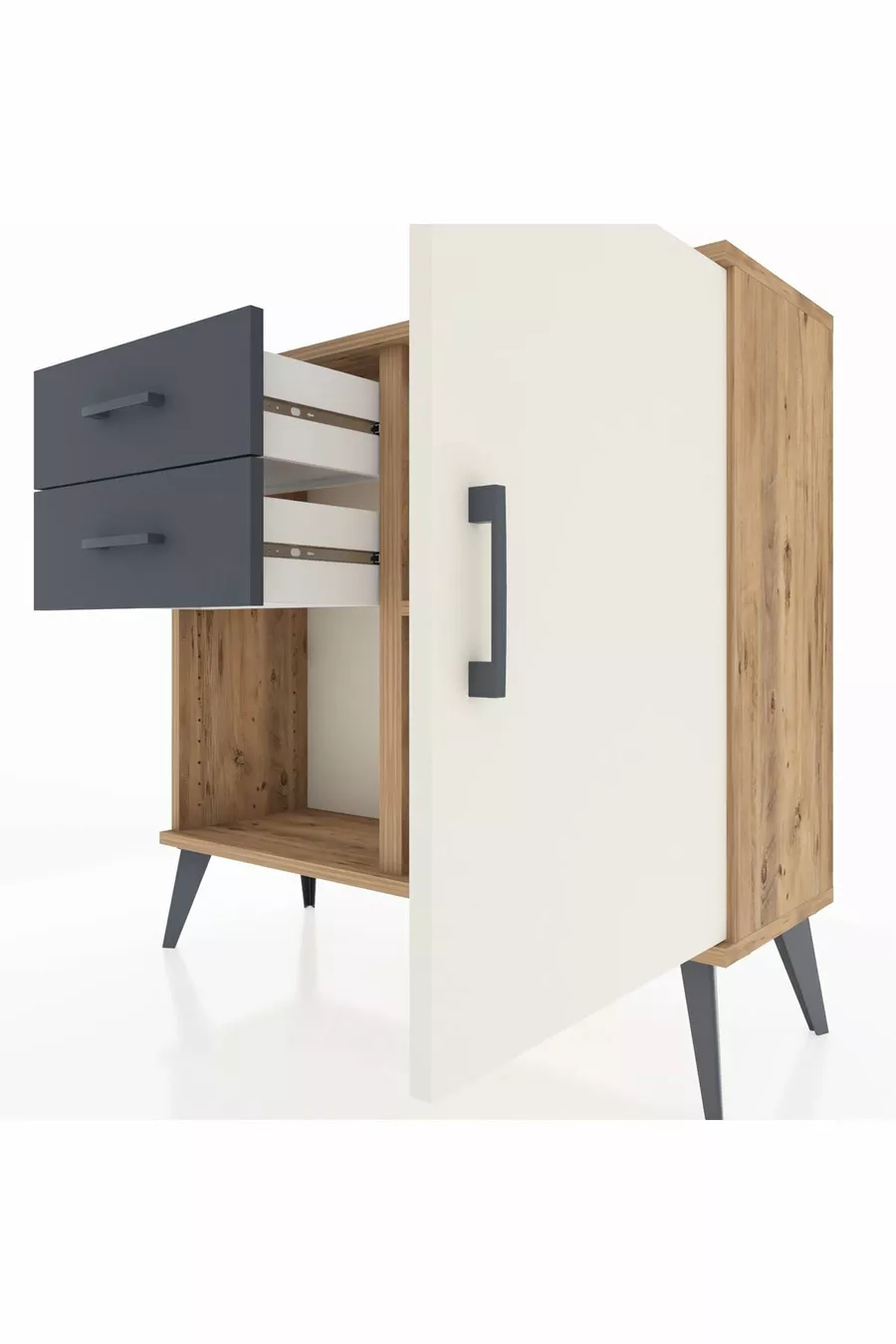 Commode Arges avec une seule étagère, 2 tiroirs et une porte, pin-gris anthracite