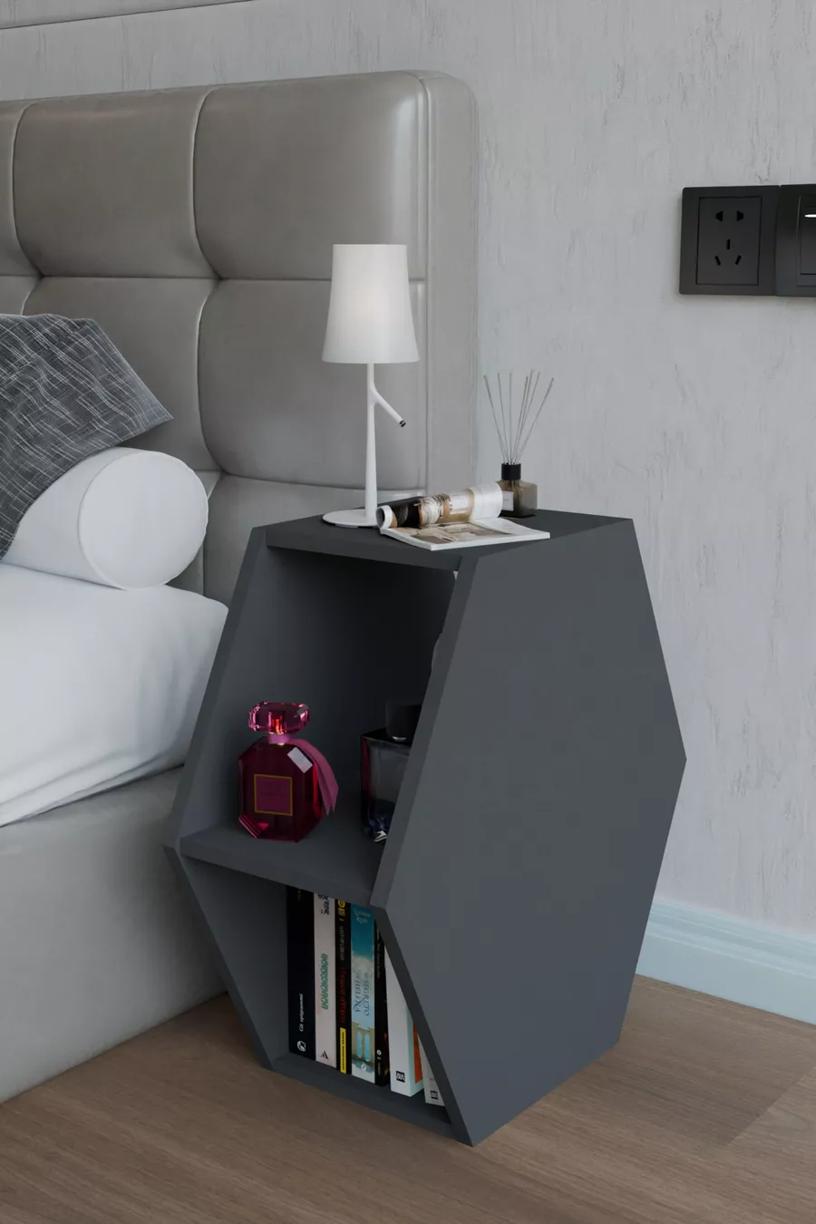 Table de chevet design hexagonal, table de nuit moderne pour chambre, bibliothèque décorative, table de chevet avec étagères