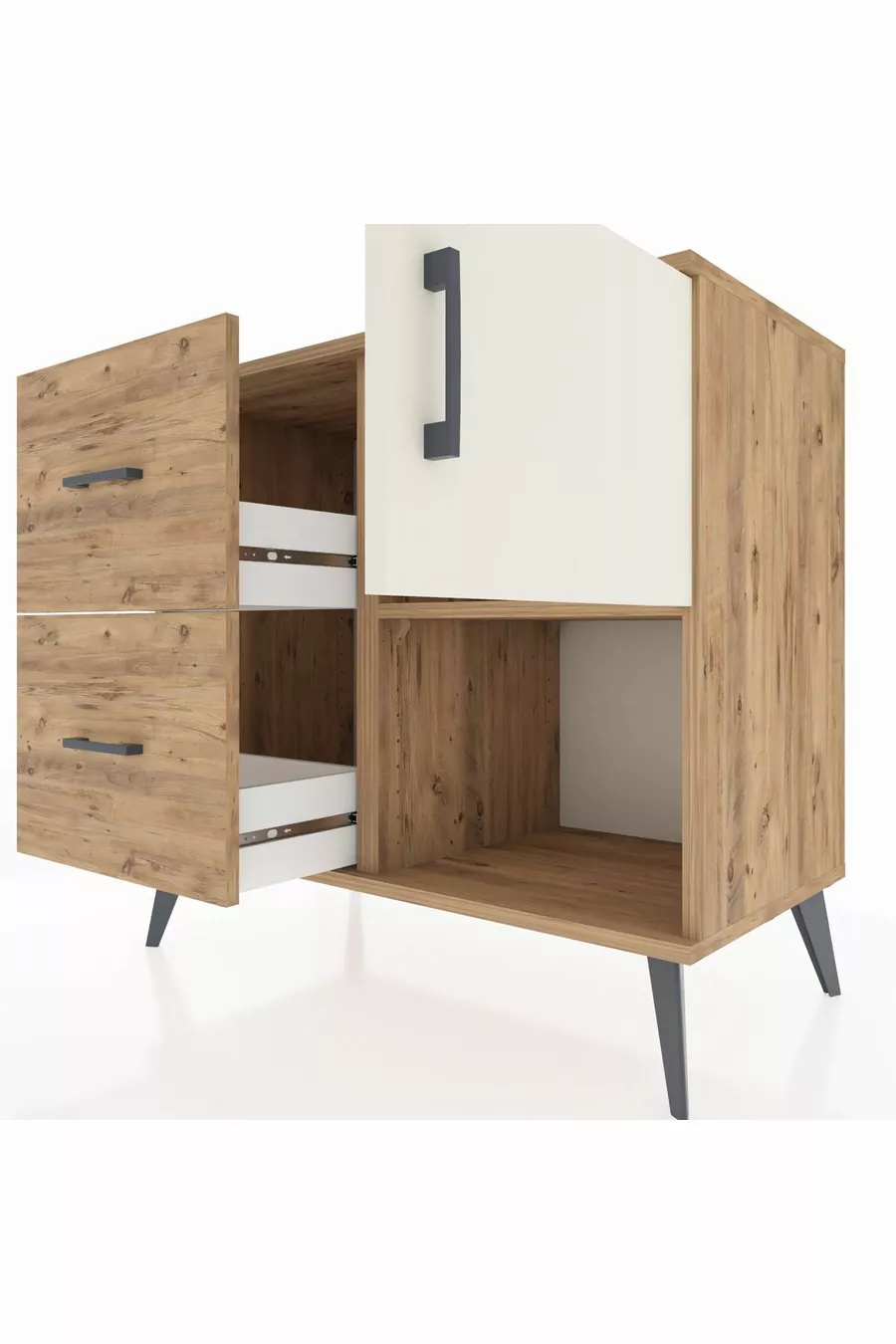 Commode Hyperion avec une étagère, 2 tiroirs et une porte, pin-pierre d'onyx/pin