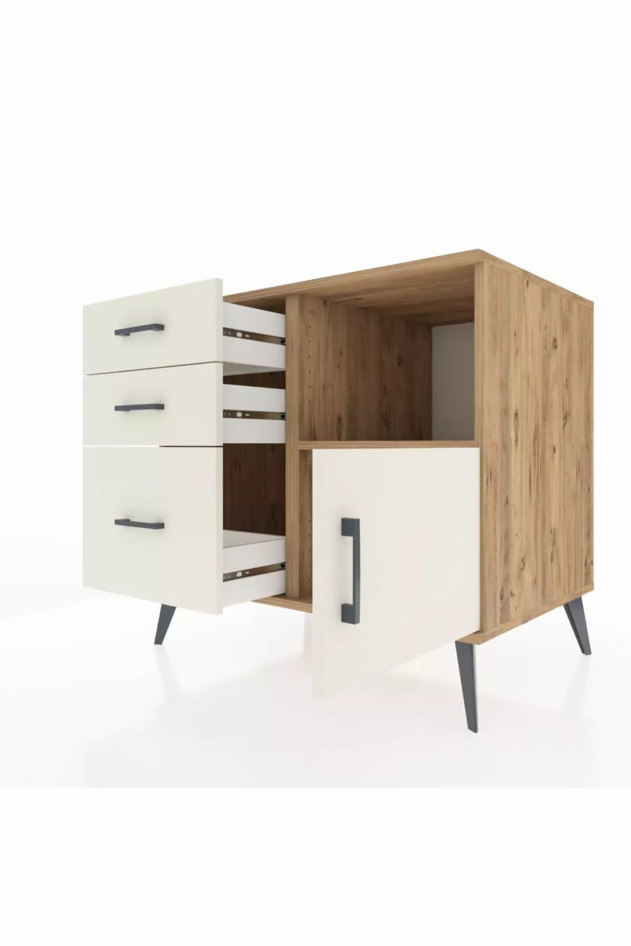 Commode Kronos avec une étagère, 3 tiroirs et une porte, pin-pierre de lave
