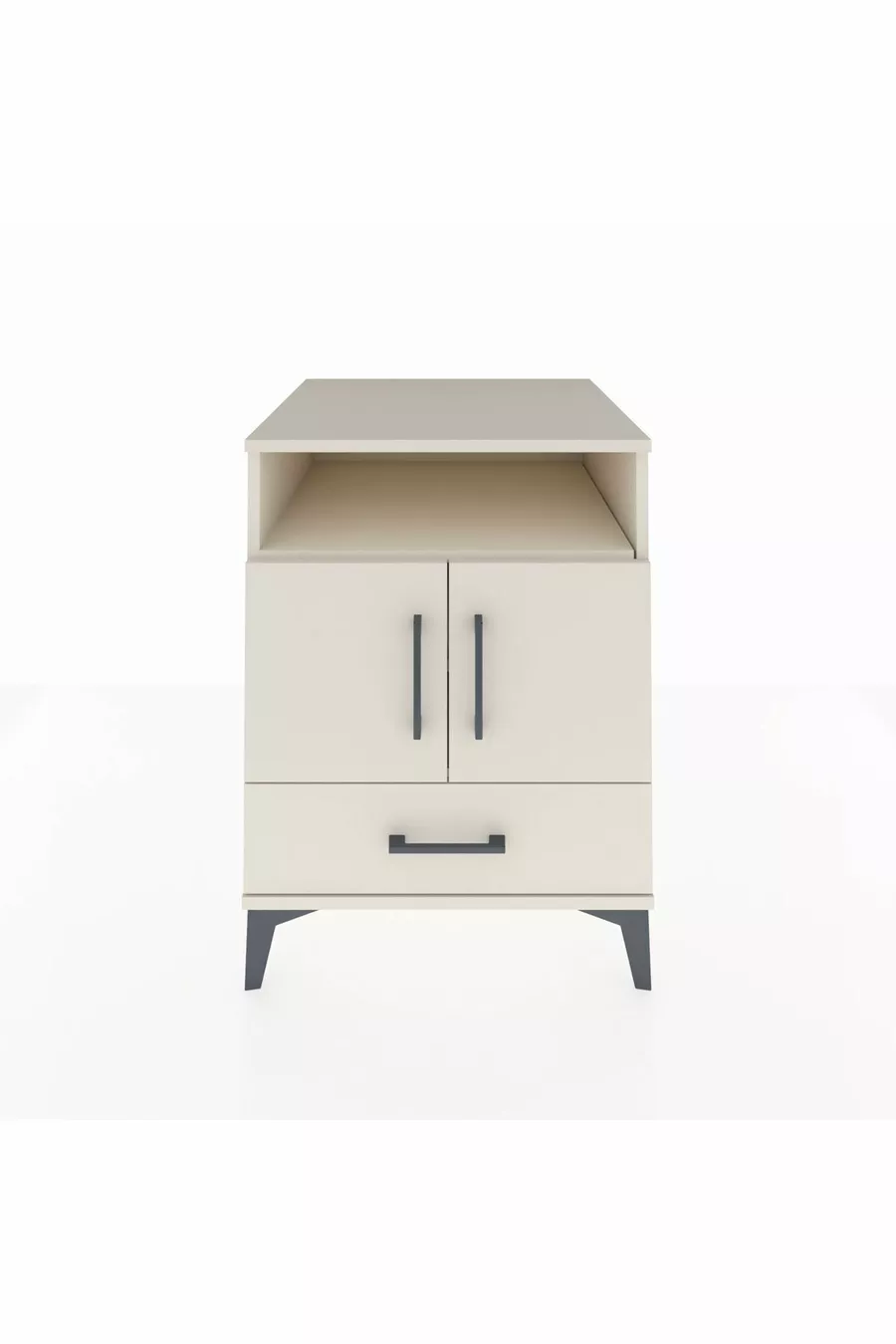 Table de chevet Kronos avec 3 étagères, 1 tiroir et 2 portes, couleur Pierre de Lune