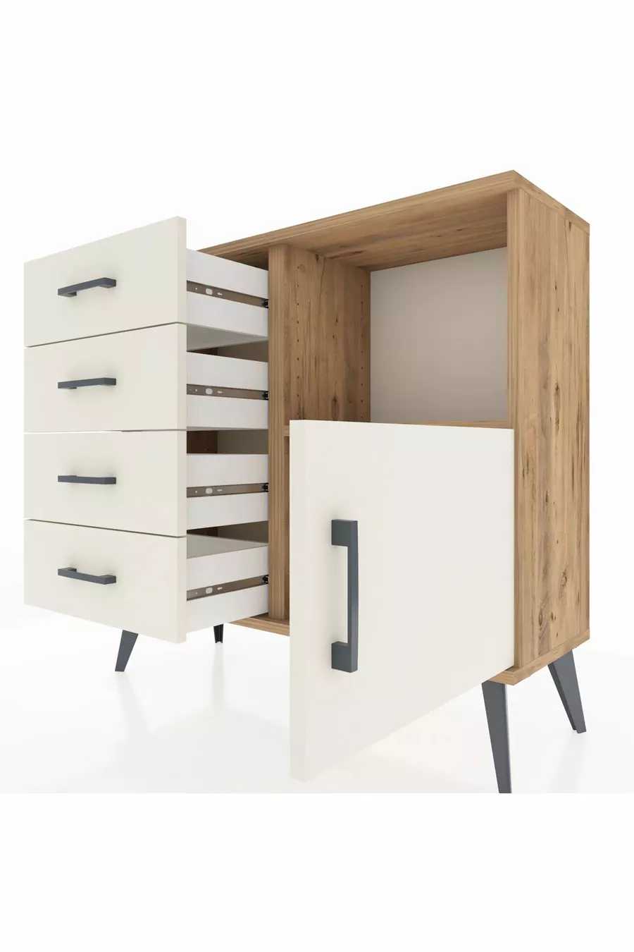Comò Arges con un ripiano, 4 cassetti e una porta, in pino-pietra di luna