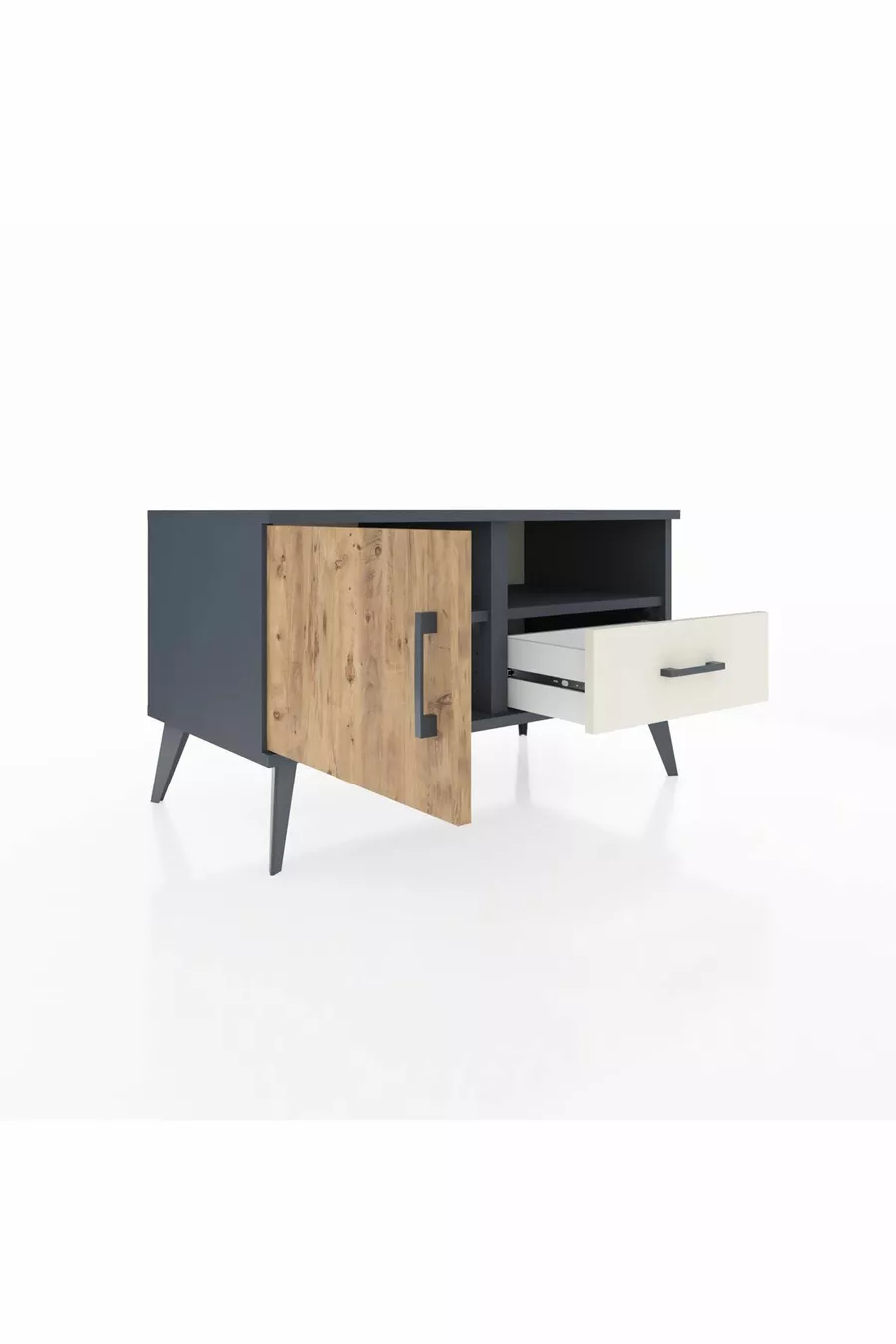 Commode Hyperion avec 2 étagères, 1 tiroir et 1 porte, Anthracite-Sapin/Pierre de lune