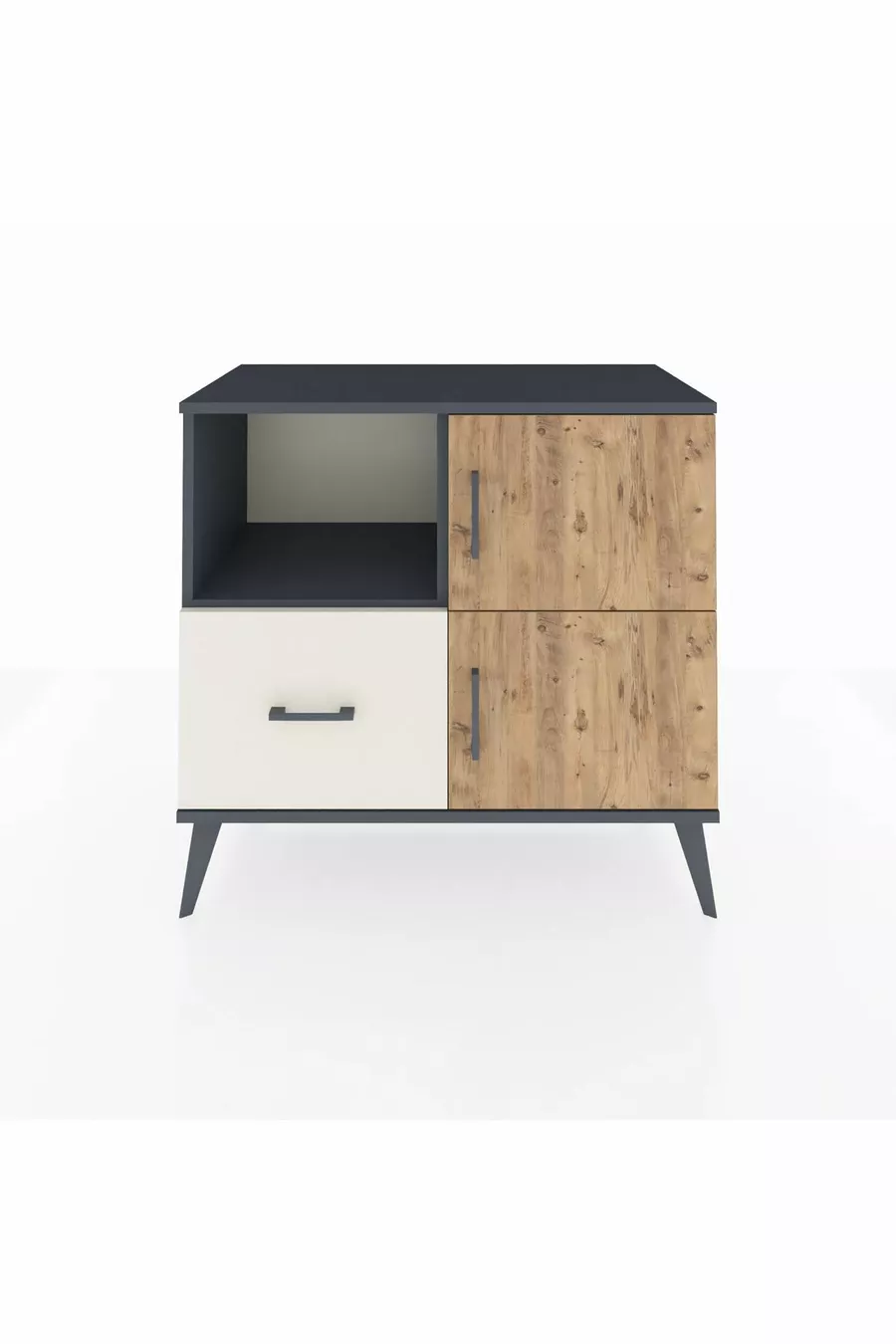 Commode Hyperion à 2 étagères, 1 tiroir, 2 portes, Anthracite-Sapin/Pierre de Lune