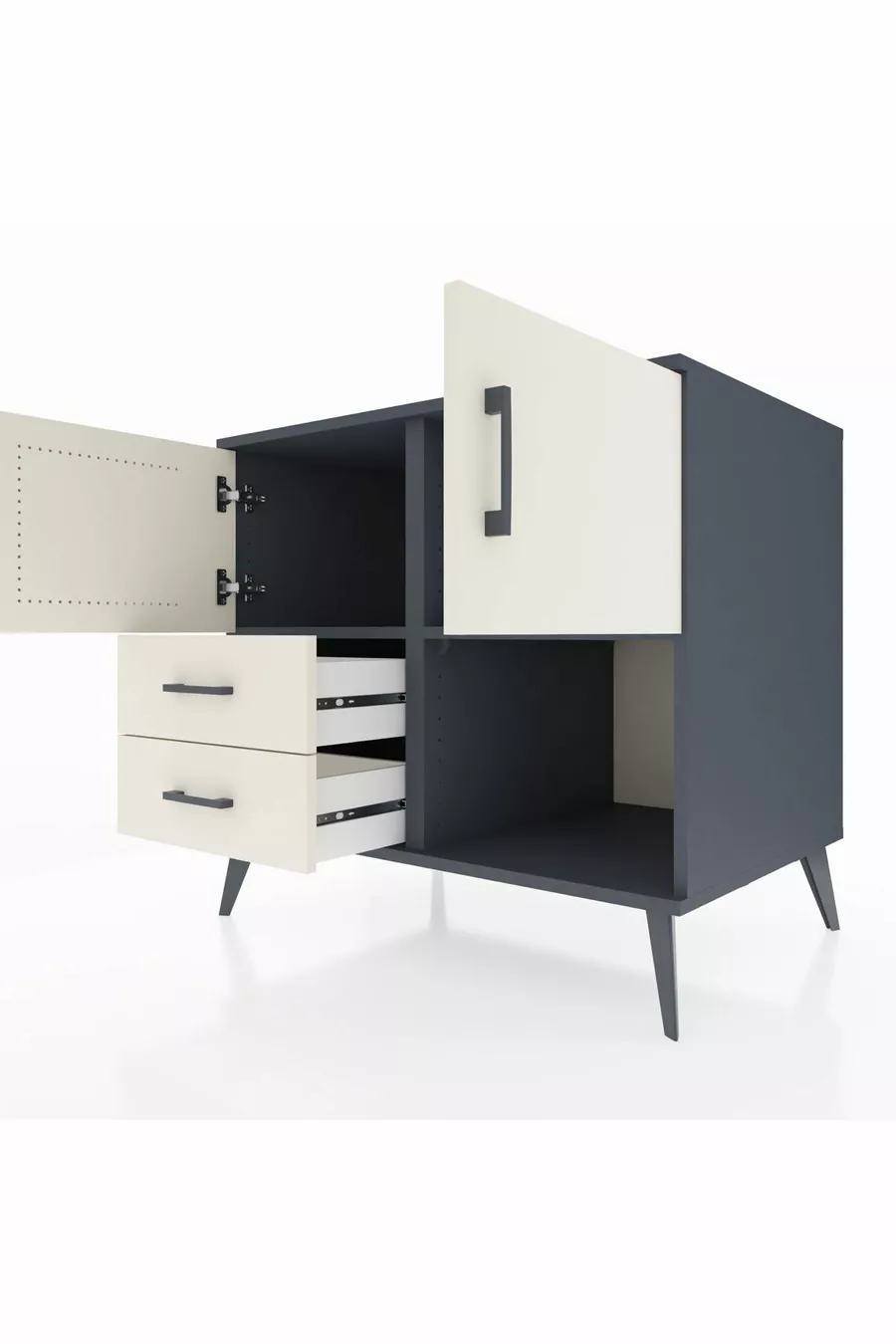 Commode Kronos avec 2 étagères, 2 tiroirs et 2 portes Anthracite-Pierre de lune